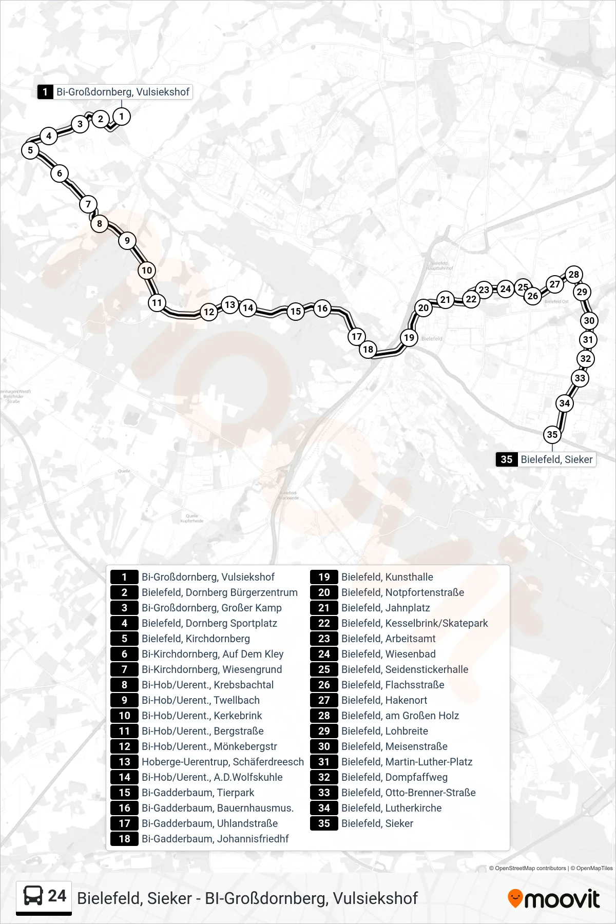 24 bus Line (Bielefeld, Sieker) route and stops on a map