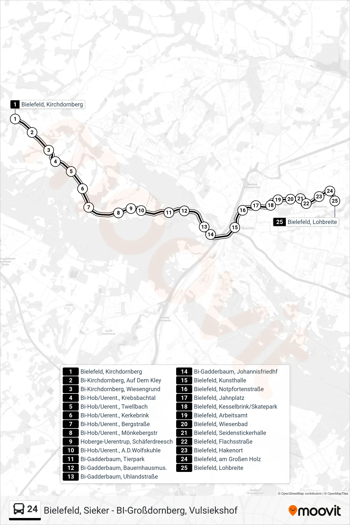 Linie 24 (Bus) Richtung Bielefeld, Lohbreite: Route und Haltestellen auf der Karte