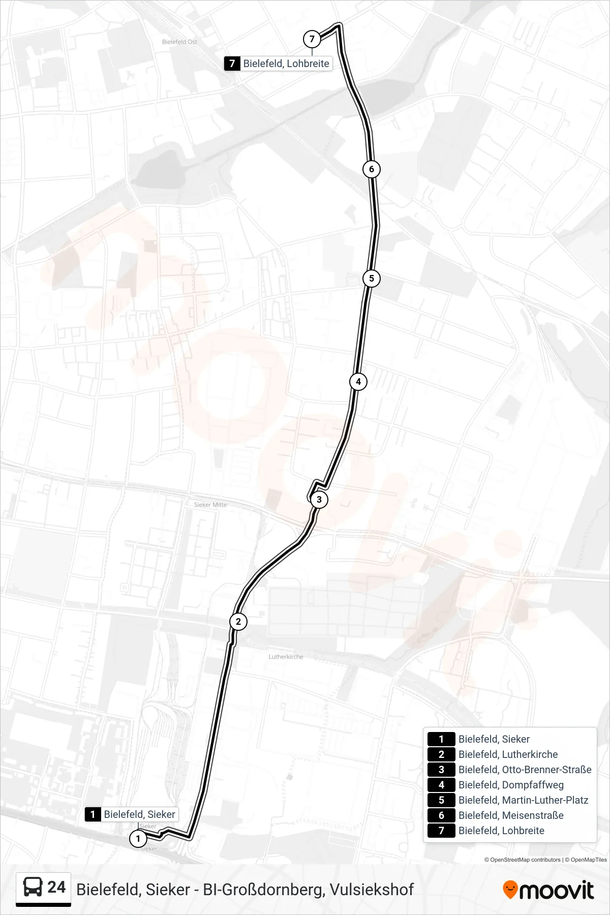 Linie 24 (Bus) Richtung Bielefeld, Lohbreite: Route und Haltestellen auf der Karte