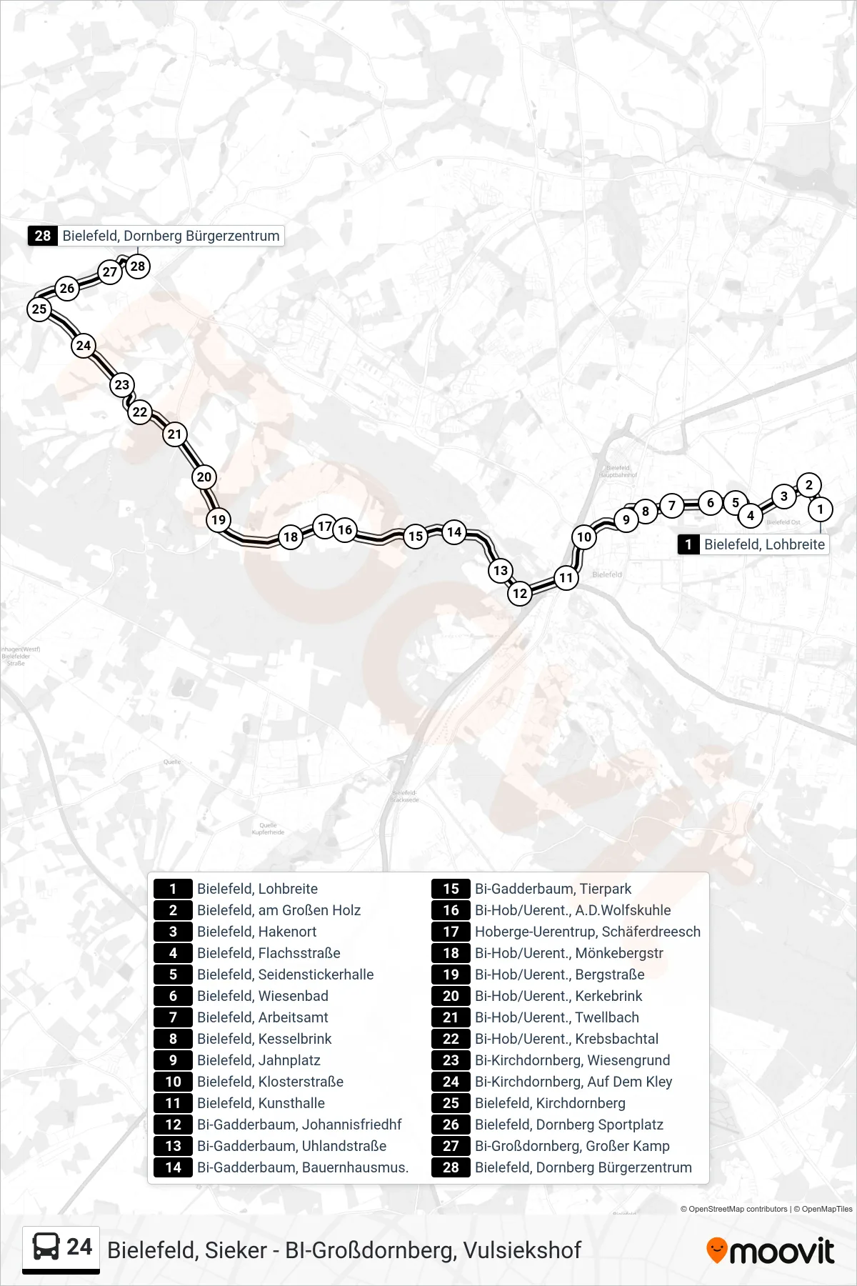 Linie 24 (Bus) Richtung Bielefeld, Dornberg Bürgerzentrum: Route und Haltestellen auf der Karte