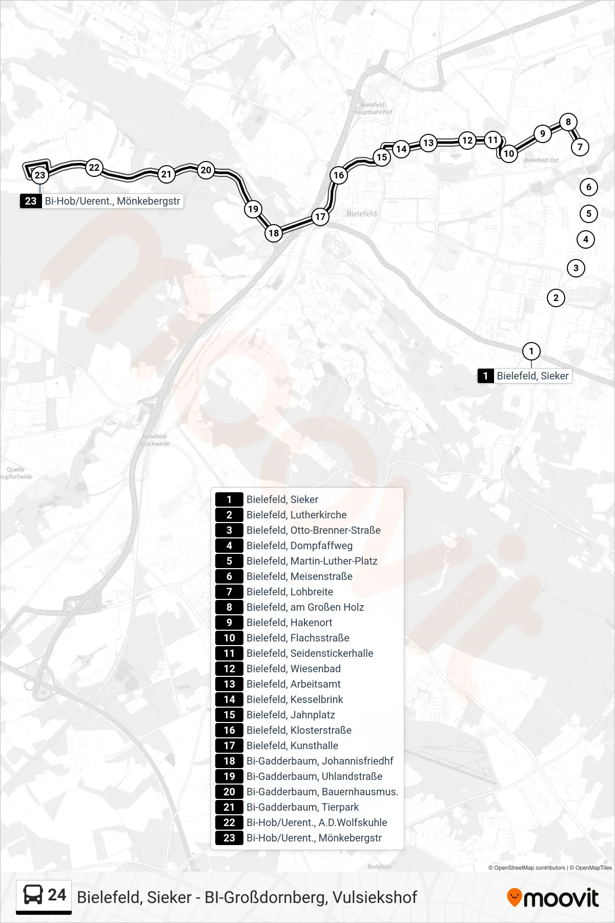 24 bus Line (Bi-Hob/Uerent., Mönkebergstr) route and stops on a map