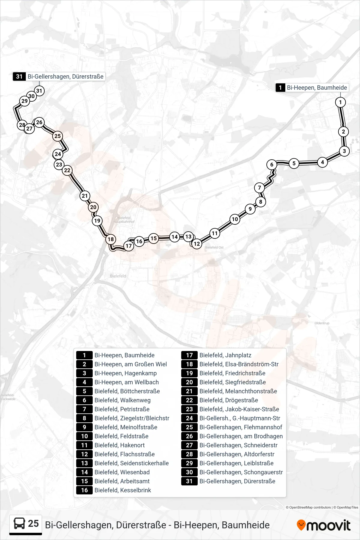Linie 25 (Bus) Richtung Bi-Gellershagen, Dürerstraße: Route und Haltestellen auf der Karte