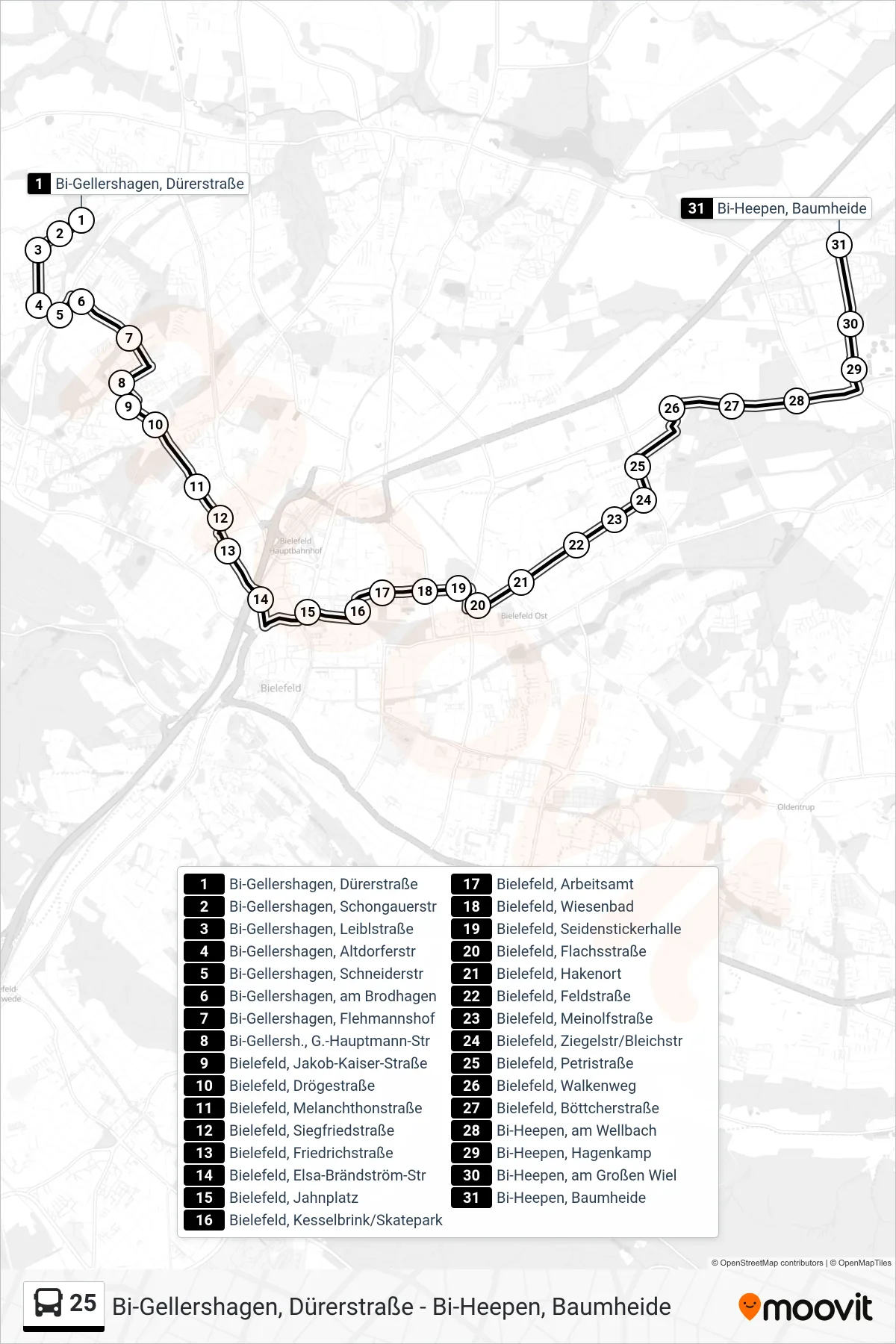 Linie 25 (Bus) Richtung Bi-Heepen, Baumheide: Route und Haltestellen auf der Karte