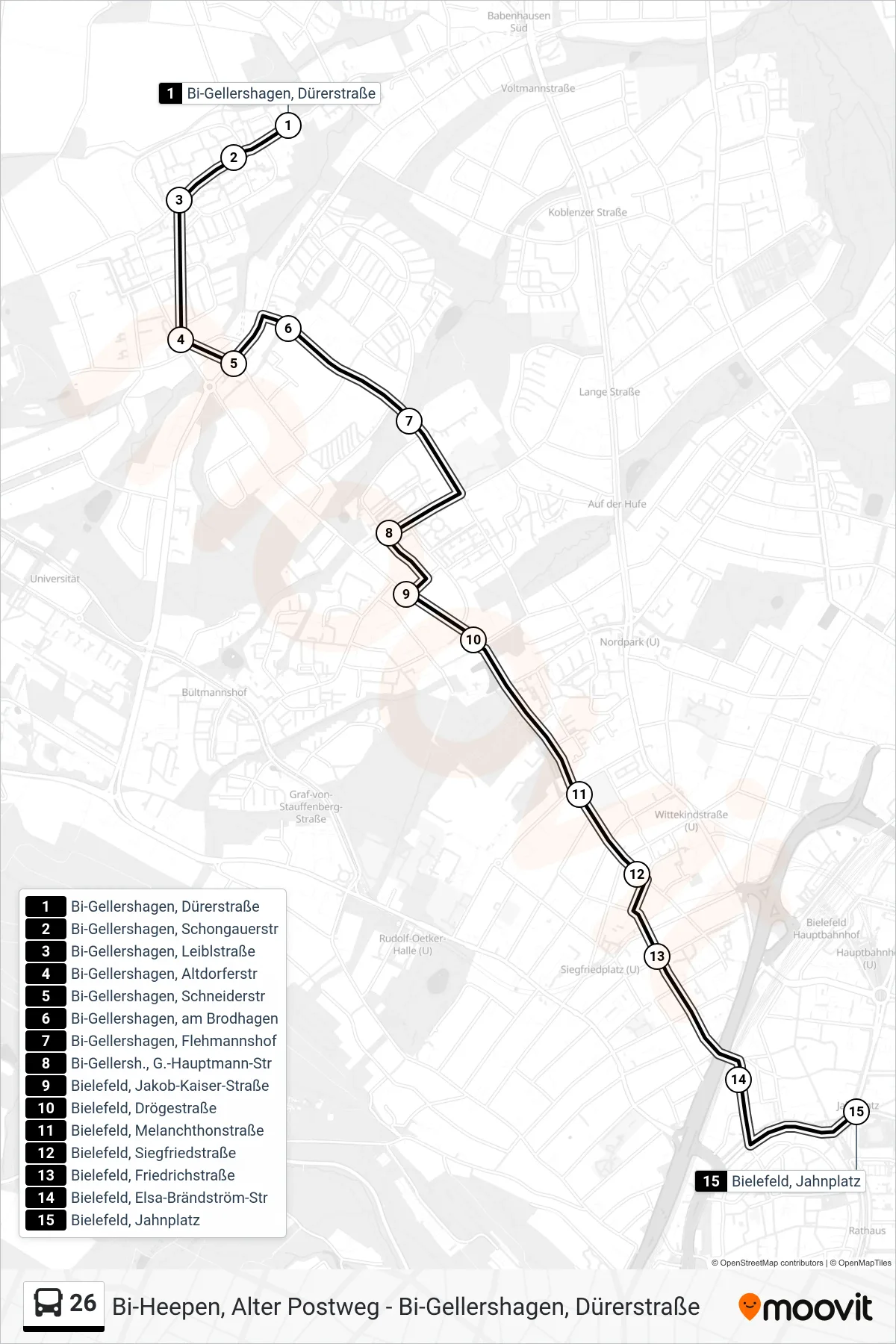 Linie 26 (Bus) Richtung Bielefeld, Jahnplatz: Route und Haltestellen auf der Karte