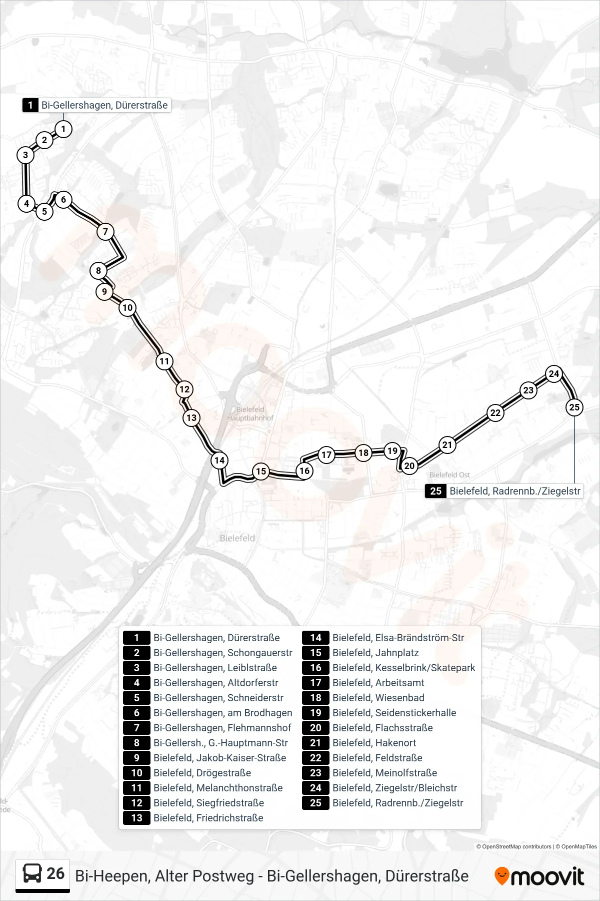 Linie 26 (Bus) Richtung Bielefeld, Radrennb./Ziegelstr: Route und Haltestellen auf der Karte