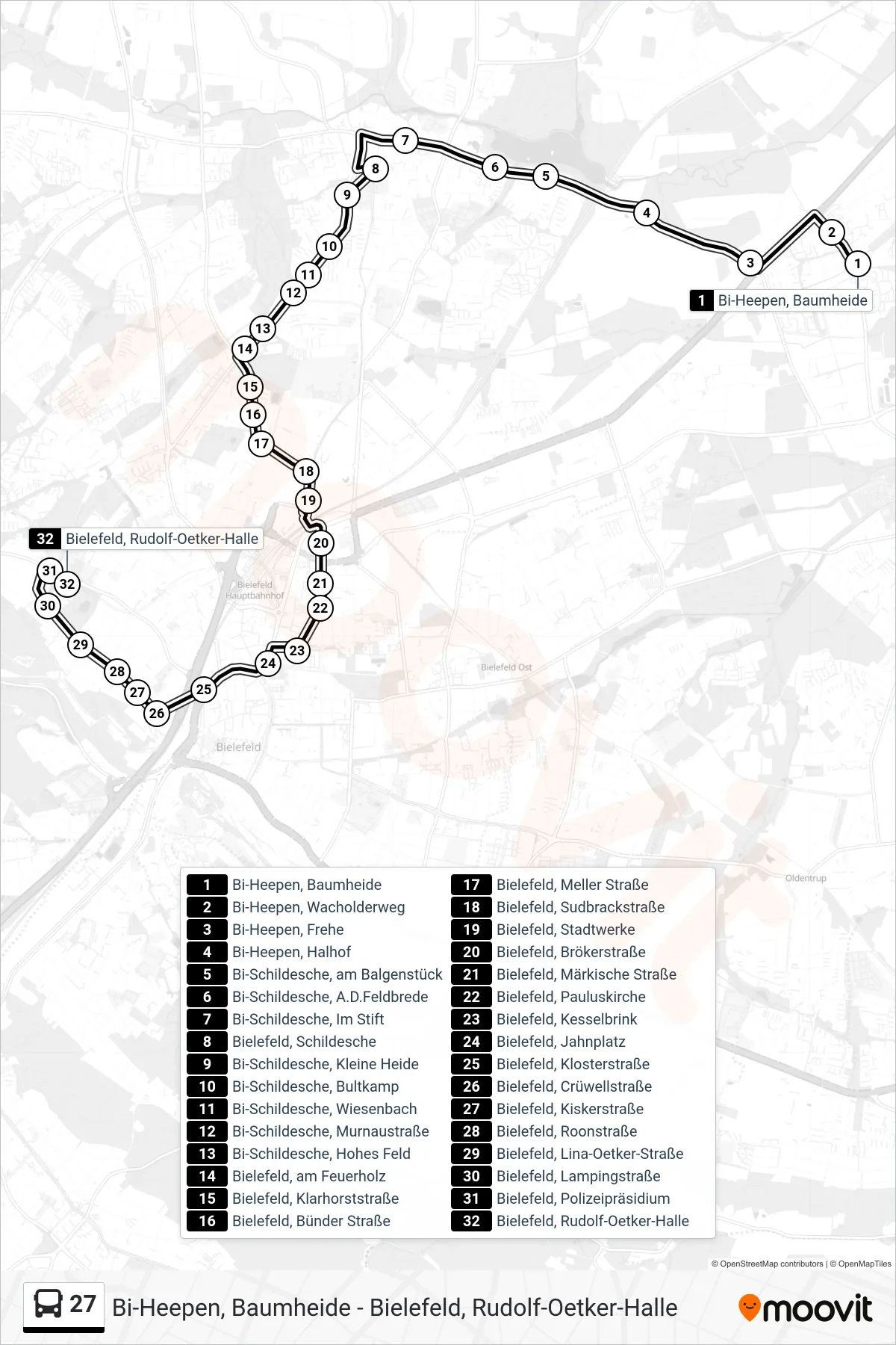 27 bus Line (Bielefeld, Rudolf-Oetker-Halle) route and stops on a map