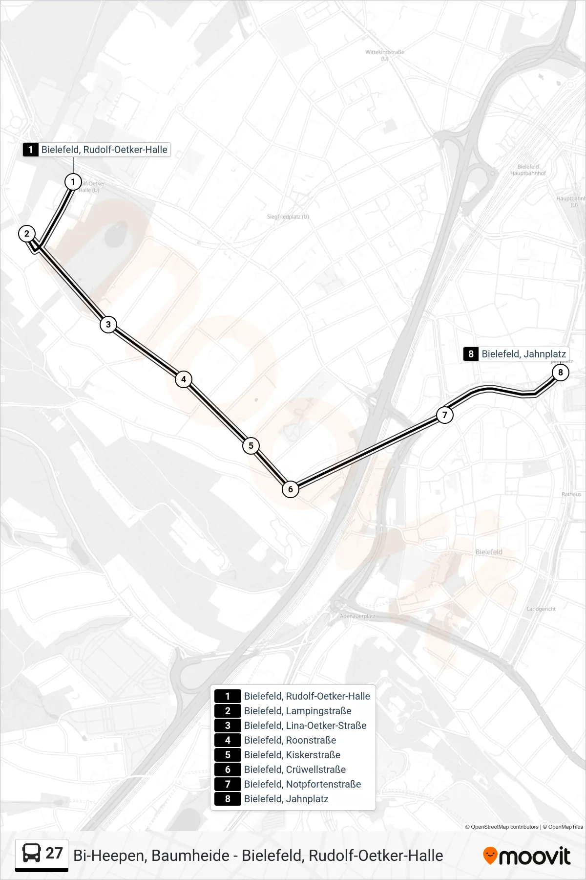 Linie 27 (Bus) Richtung Bielefeld, Jahnplatz: Route und Haltestellen auf der Karte
