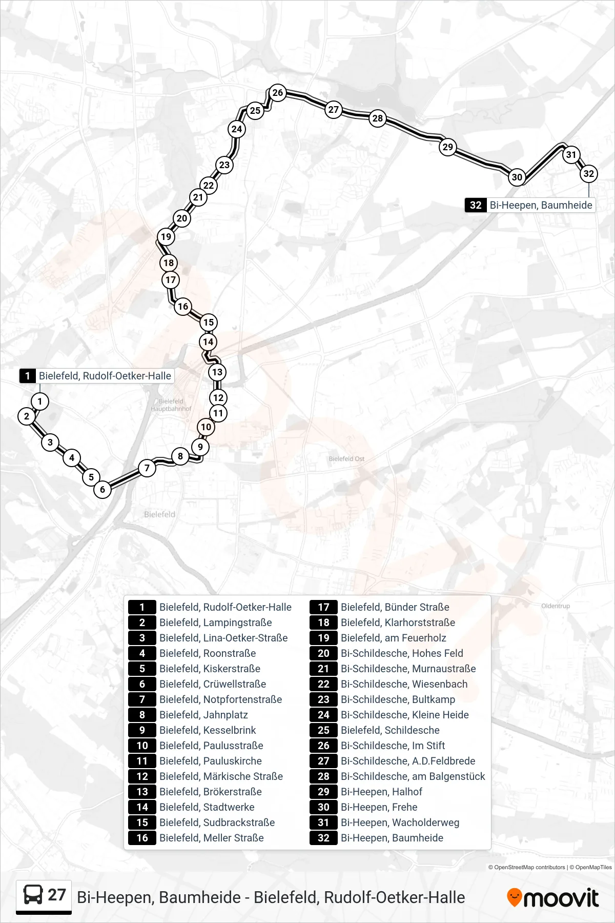 27 bus Line (Bi-Heepen, Baumheide) route and stops on a map
