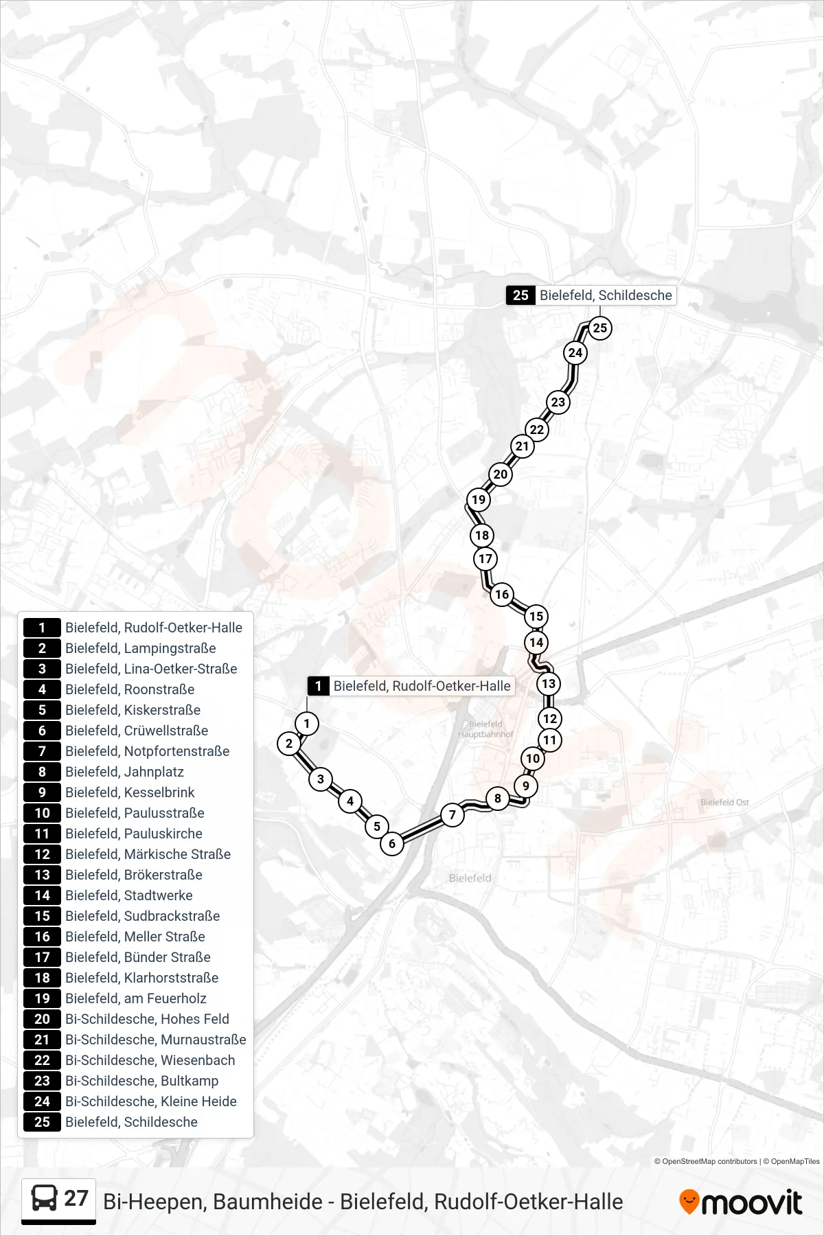Linie 27 (Bus) Richtung Bielefeld, Schildesche: Route und Haltestellen auf der Karte