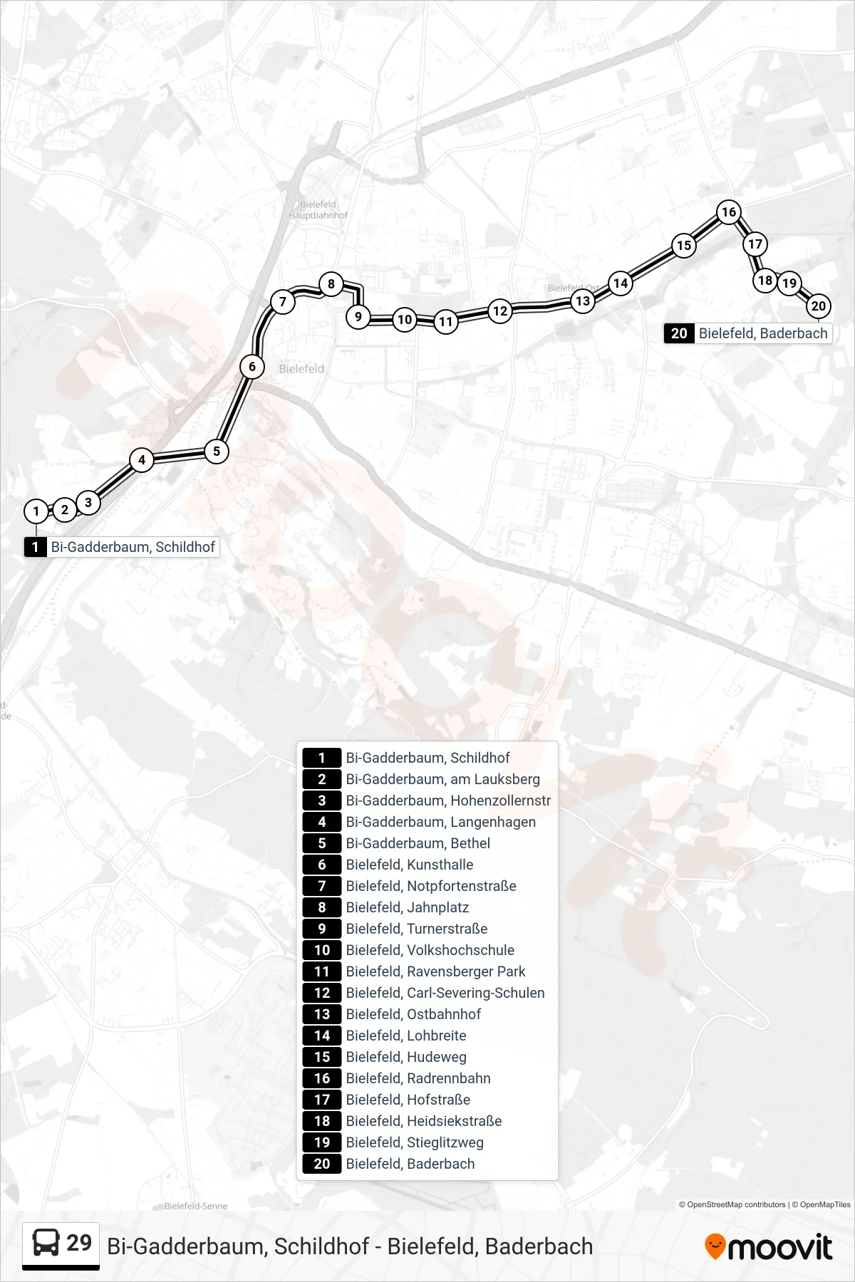Linie 29 (Bus) Richtung Bielefeld, Baderbach: Route und Haltestellen auf der Karte