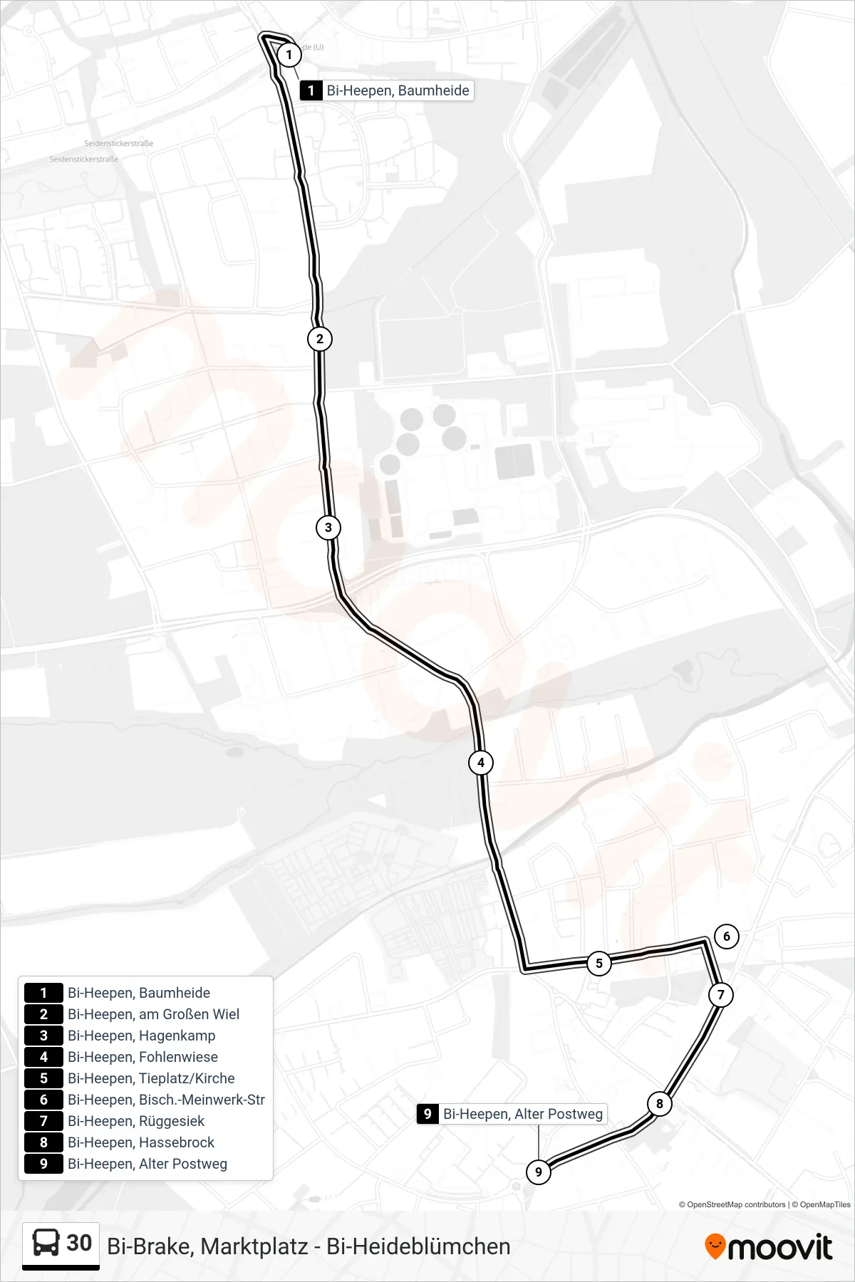 Linie 30 (Bus) Richtung Bi-Heepen, Alter Postweg: Route und Haltestellen auf der Karte