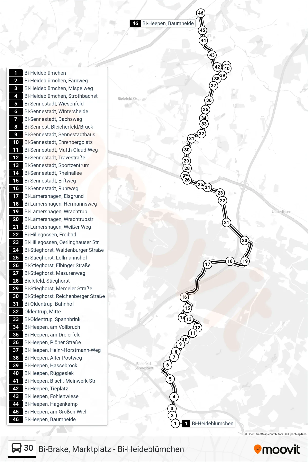 30 bus Line (Bi-Heepen, Baumheide) route and stops on a map