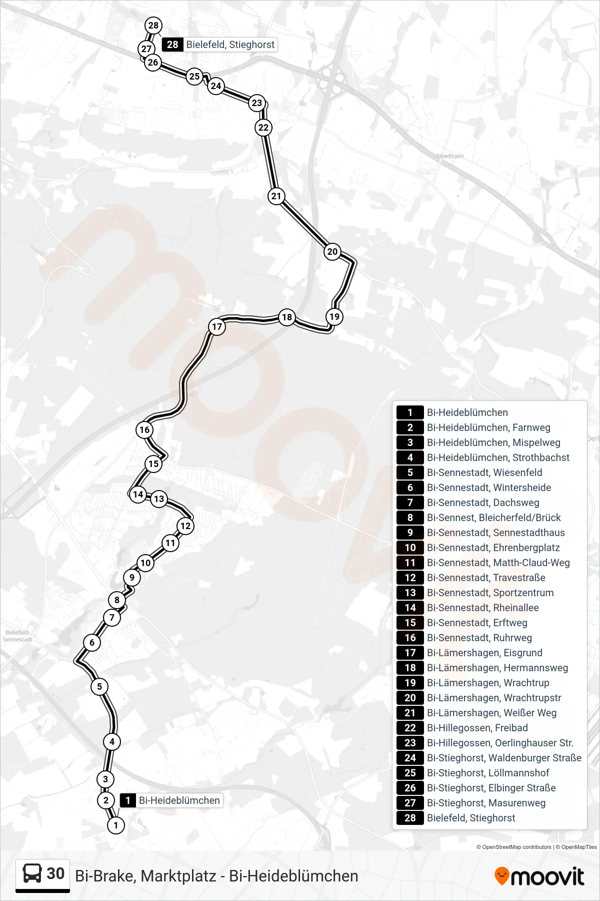 Linie 30 (Bus) Richtung Bielefeld, Stieghorst: Route und Haltestellen auf der Karte