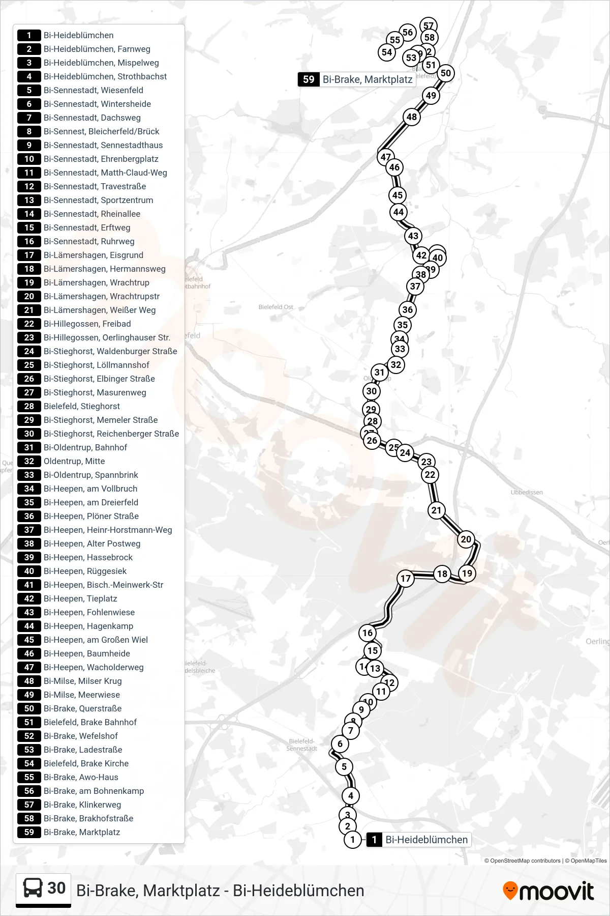 Linie 30 (Bus) Richtung Bi-Brake, Marktplatz: Route und Haltestellen auf der Karte