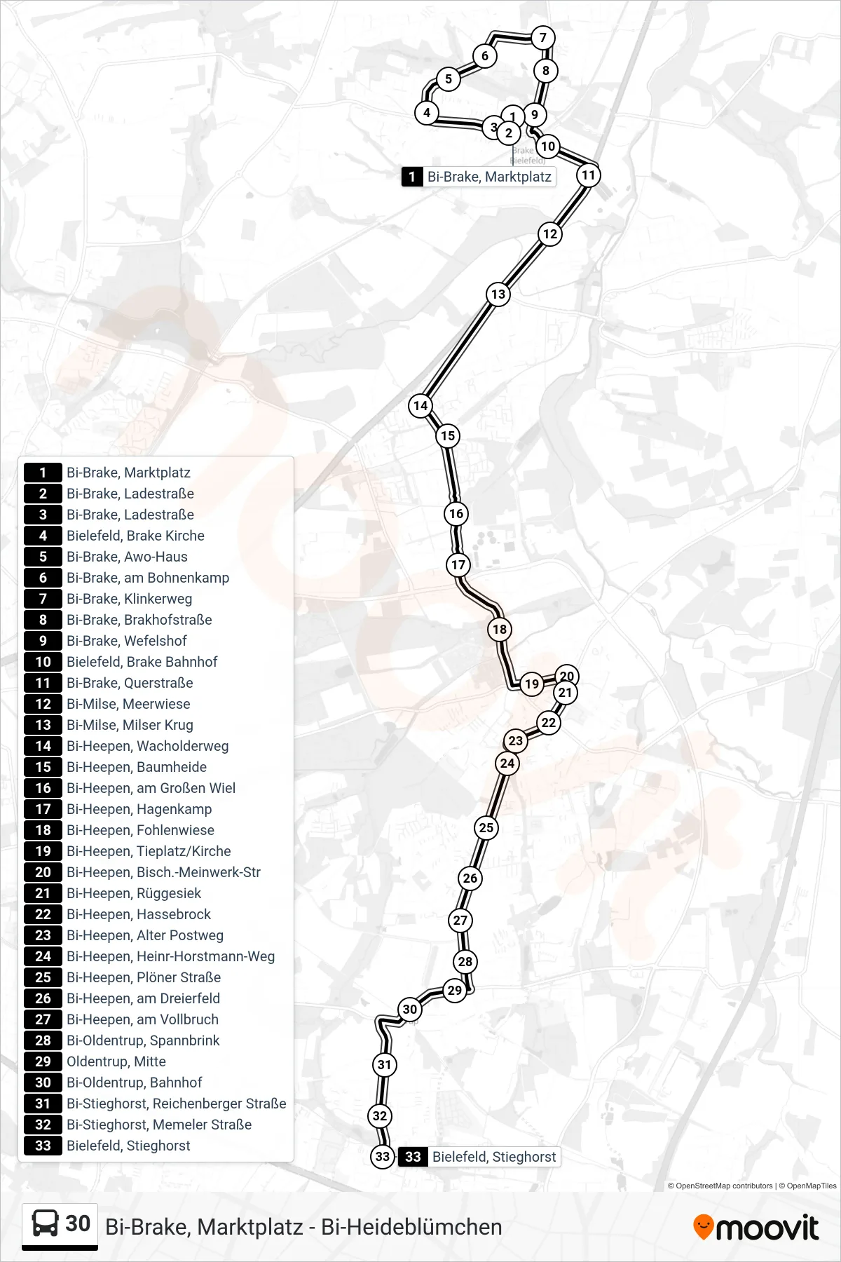 Linie 30 (Bus) Richtung Bielefeld, Stieghorst: Route und Haltestellen auf der Karte
