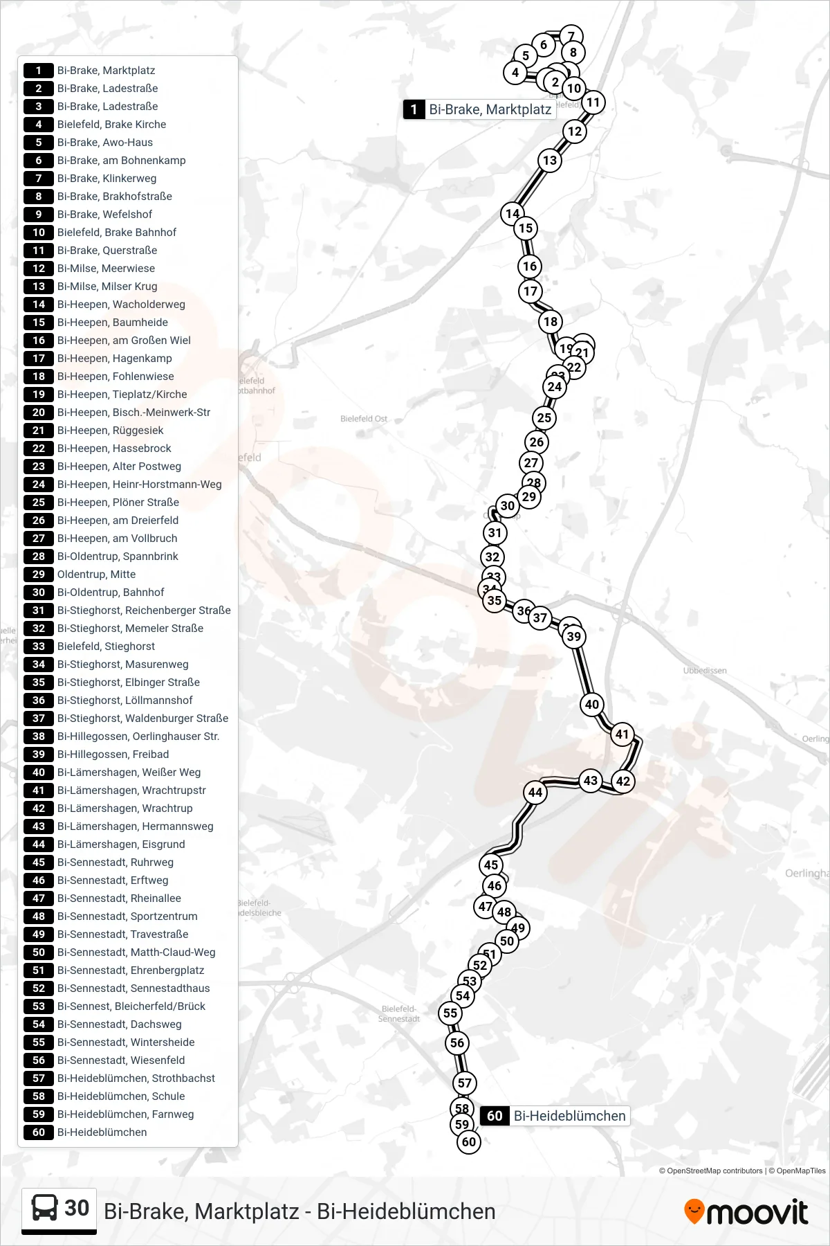 Linie 30 (Bus) Richtung Bi-Heideblümchen: Route und Haltestellen auf der Karte