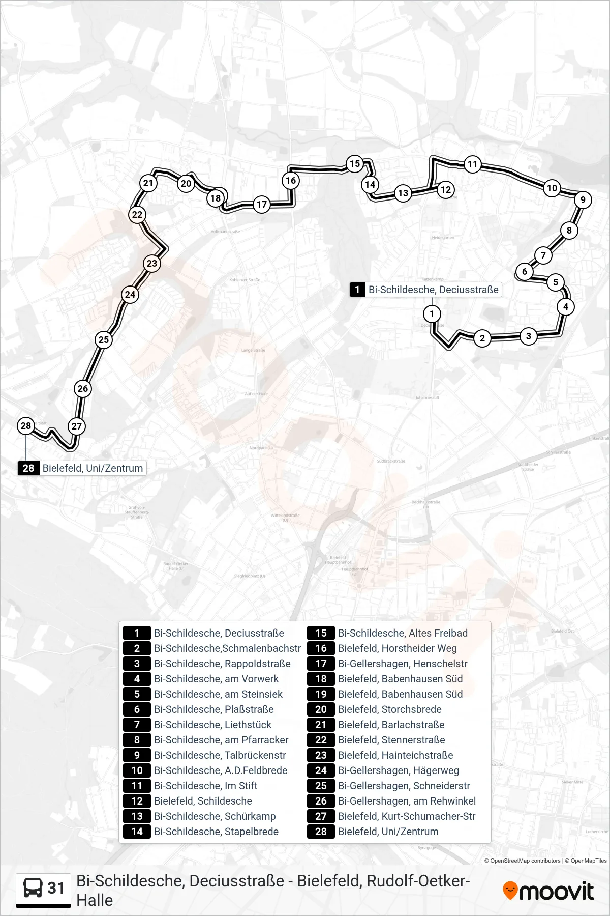 Linie 31 (Bus) Richtung Bielefeld, Uni/Zentrum: Route und Haltestellen auf der Karte