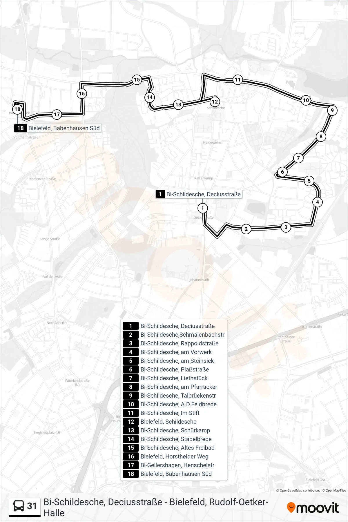 31 bus Line (Bielefeld, Babenhausen Süd) route and stops on a map