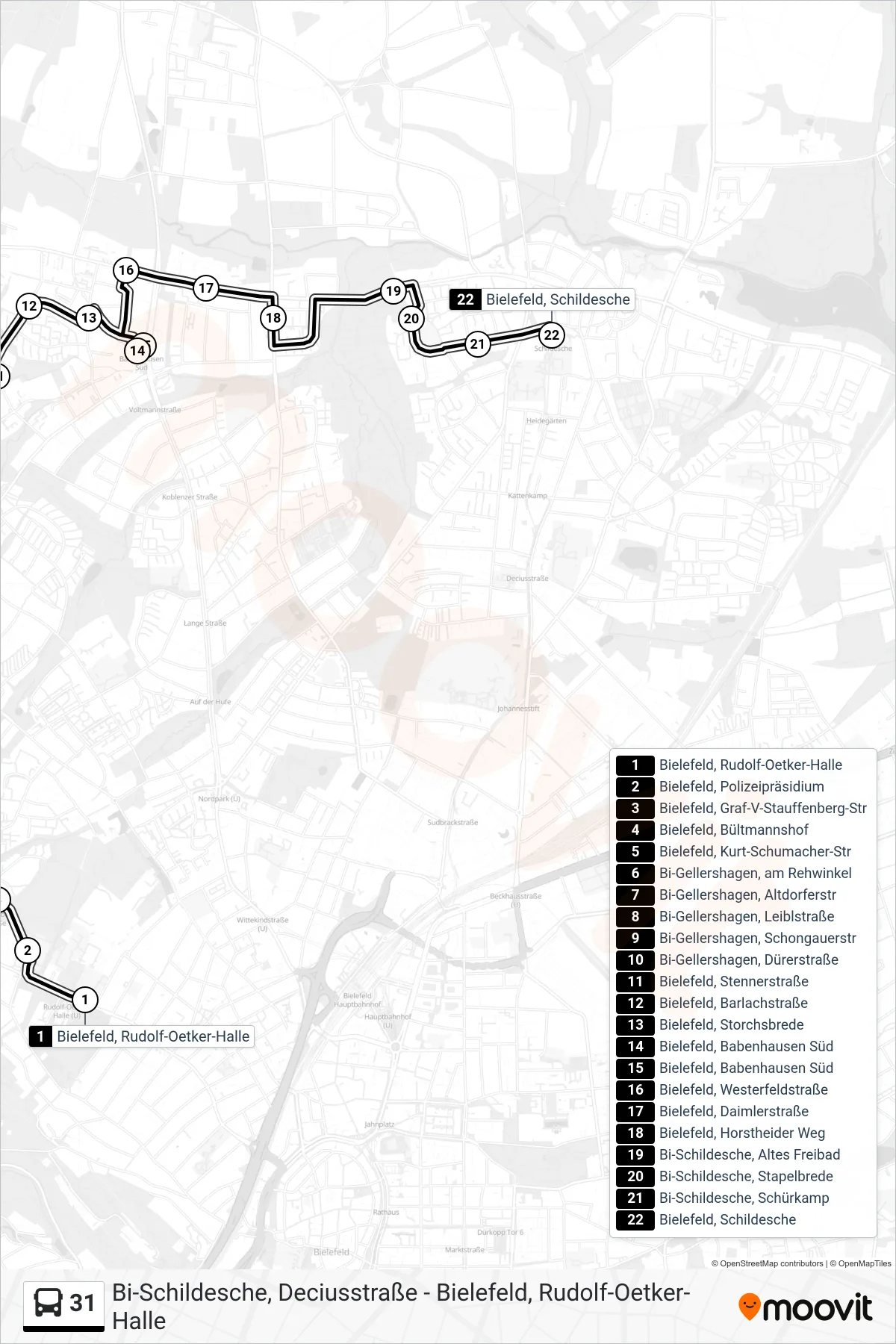Linie 31 (Bus) Richtung Bielefeld, Schildesche: Route und Haltestellen auf der Karte