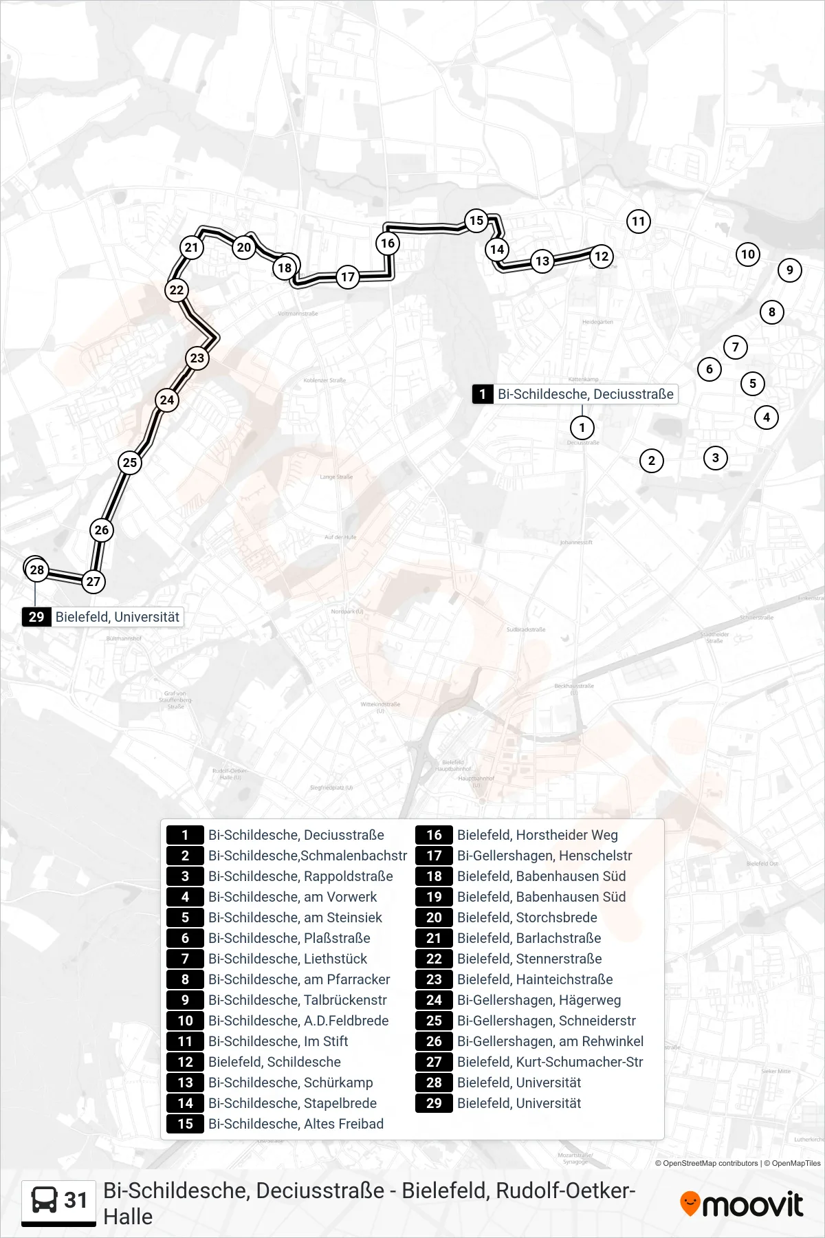 Linie 31 (Bus) Richtung Bielefeld, Universität: Route und Haltestellen auf der Karte