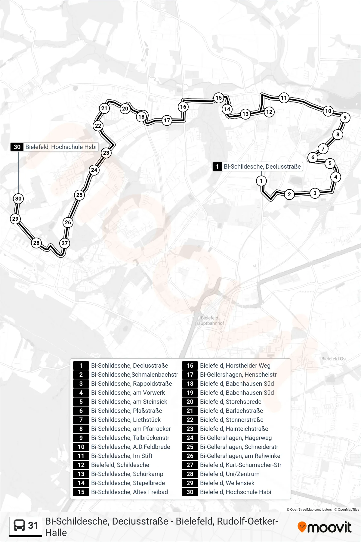 Linie 31 (Bus) Richtung Bielefeld, Hochschule Hsbi: Route und Haltestellen auf der Karte