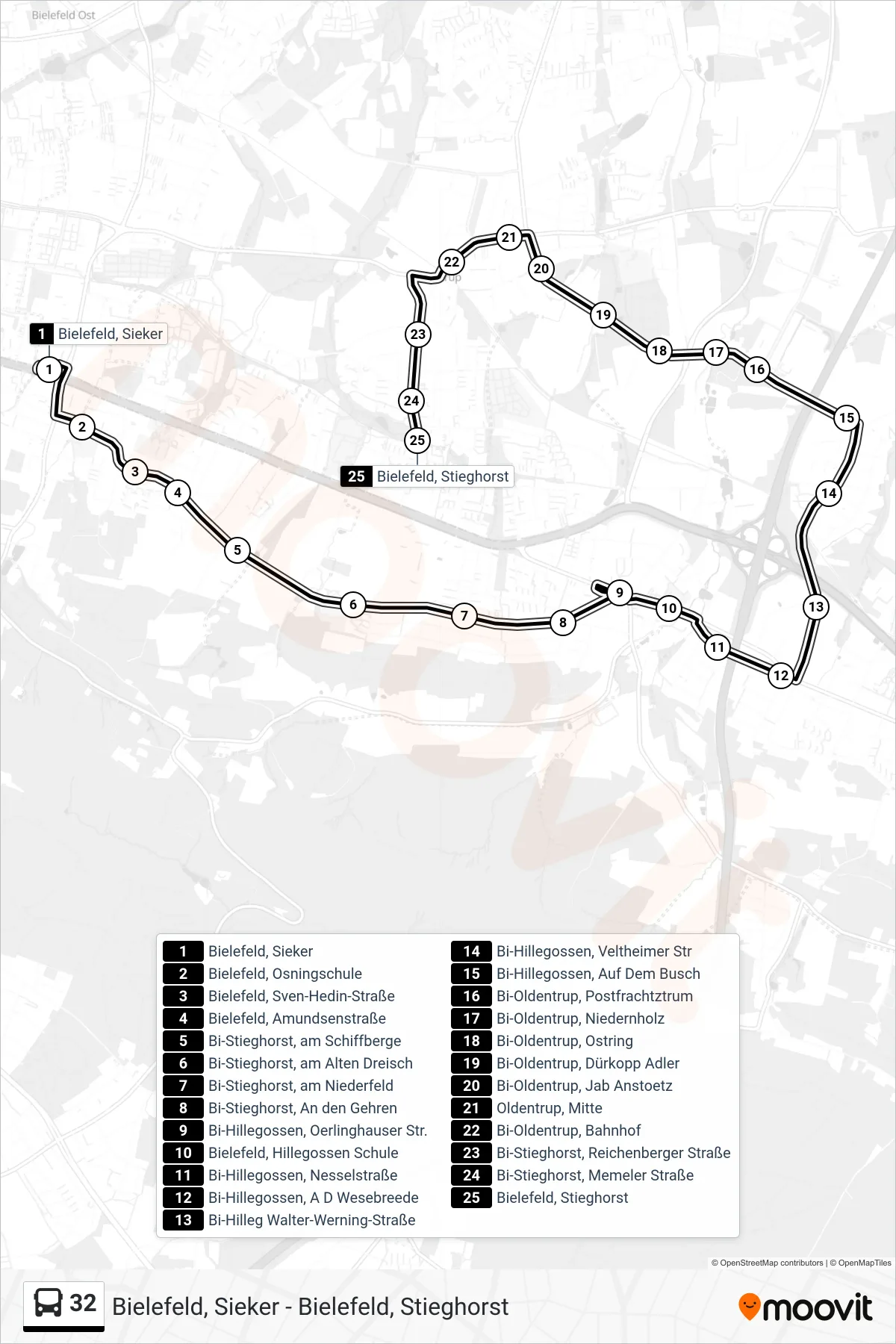 Linie 32 (Bus) Richtung Bielefeld, Stieghorst: Route und Haltestellen auf der Karte