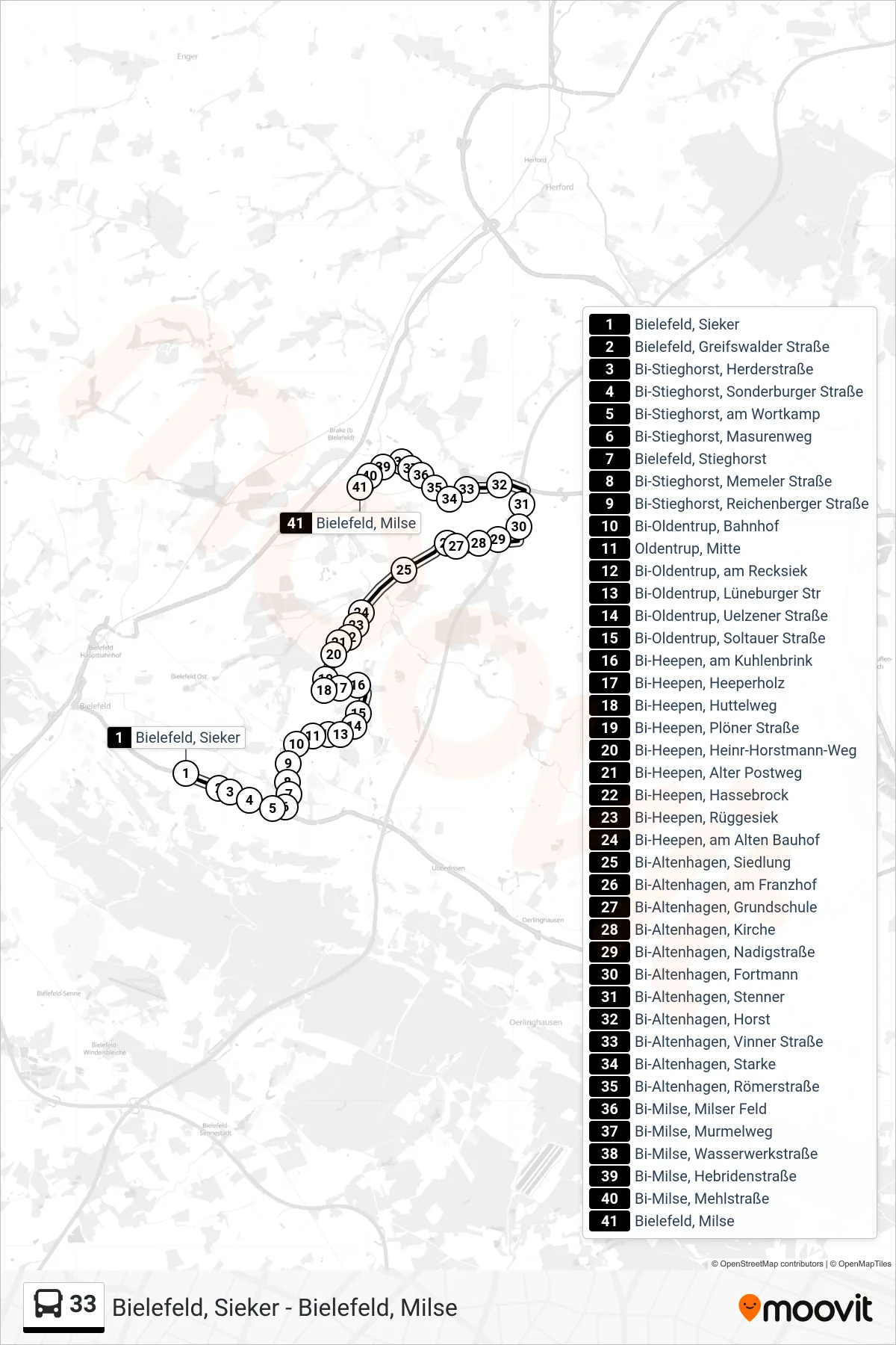 Linie 33 (Bus) Richtung Bielefeld, Milse: Route und Haltestellen auf der Karte