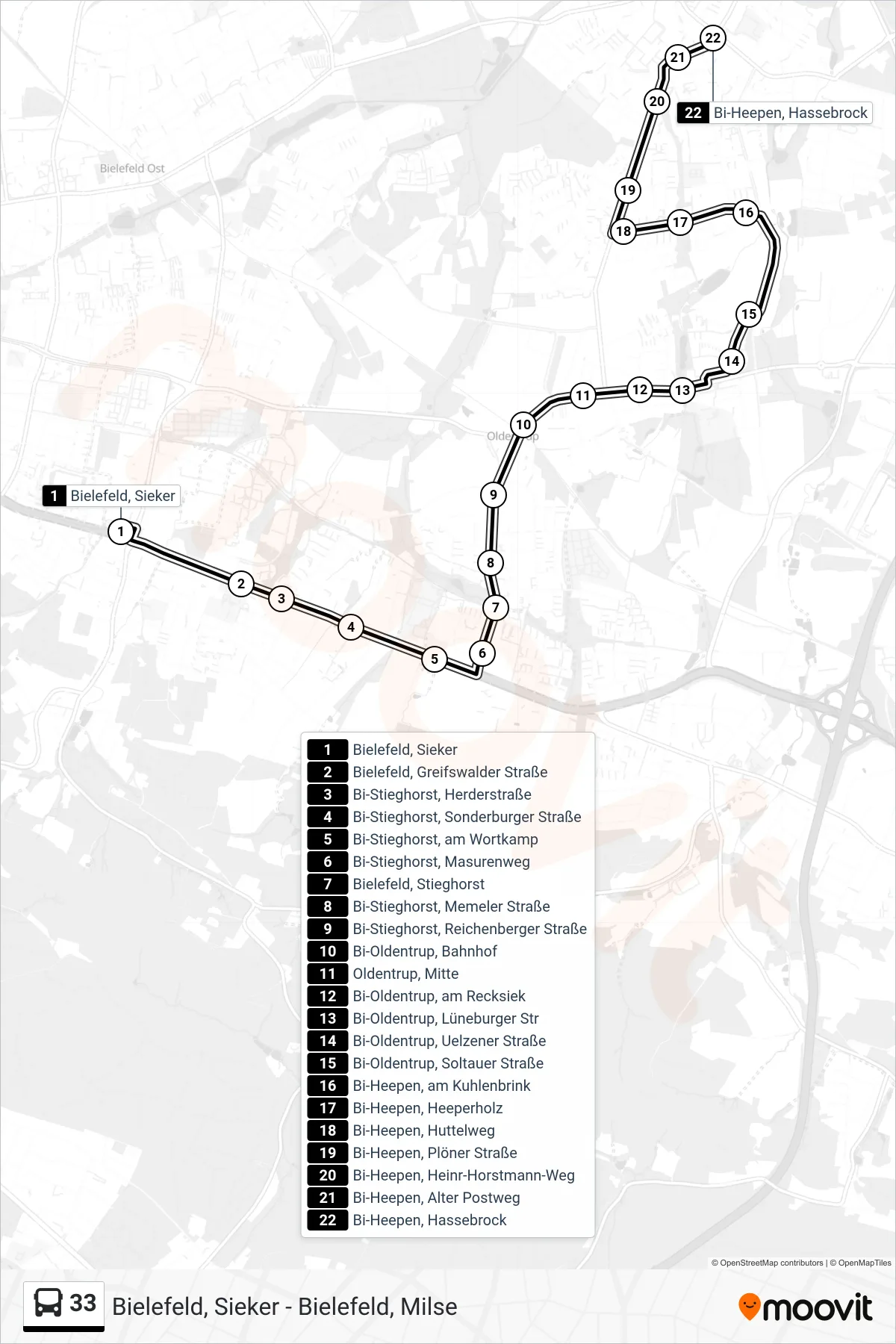 Linie 33 (Bus) Richtung Bi-Heepen, Hassebrock: Route und Haltestellen auf der Karte