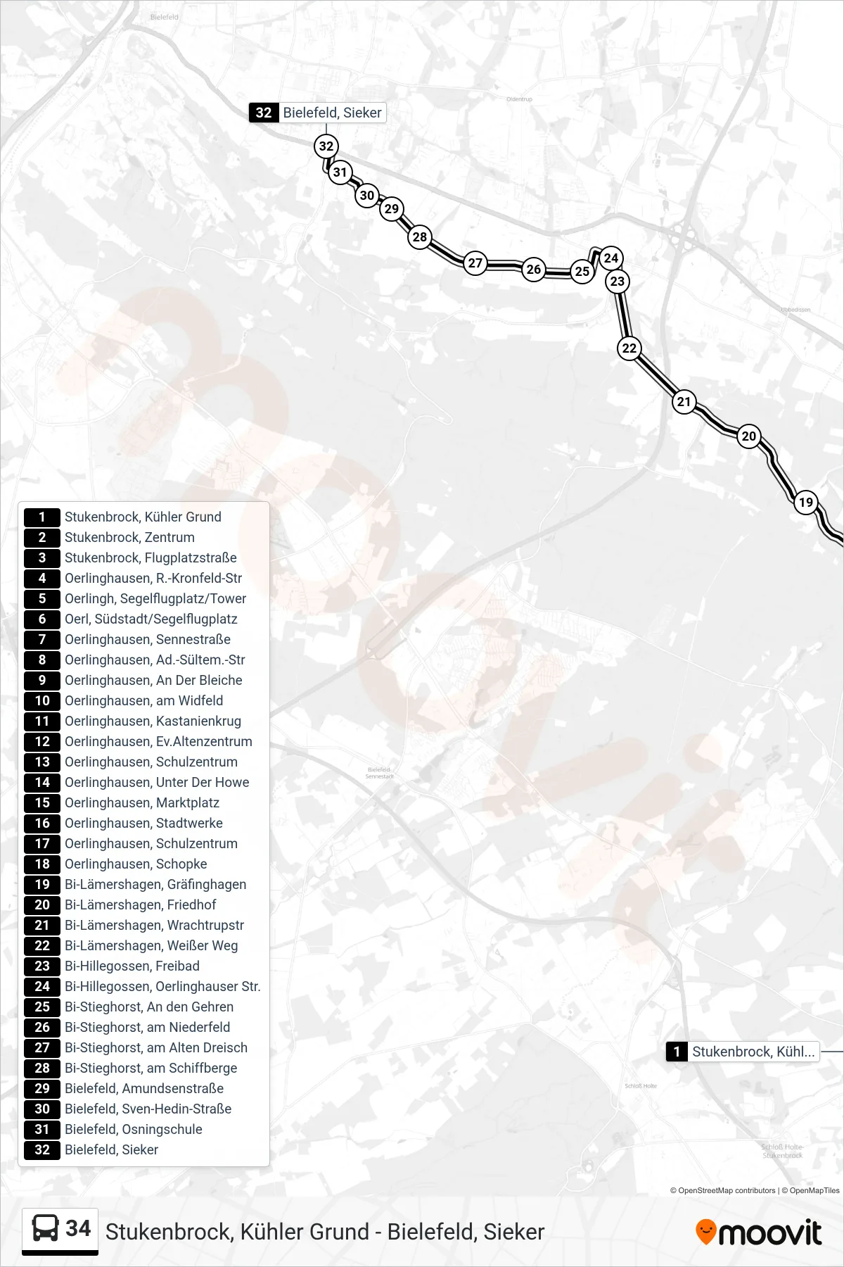 34 bus Line (Bielefeld, Sieker) route and stops on a map