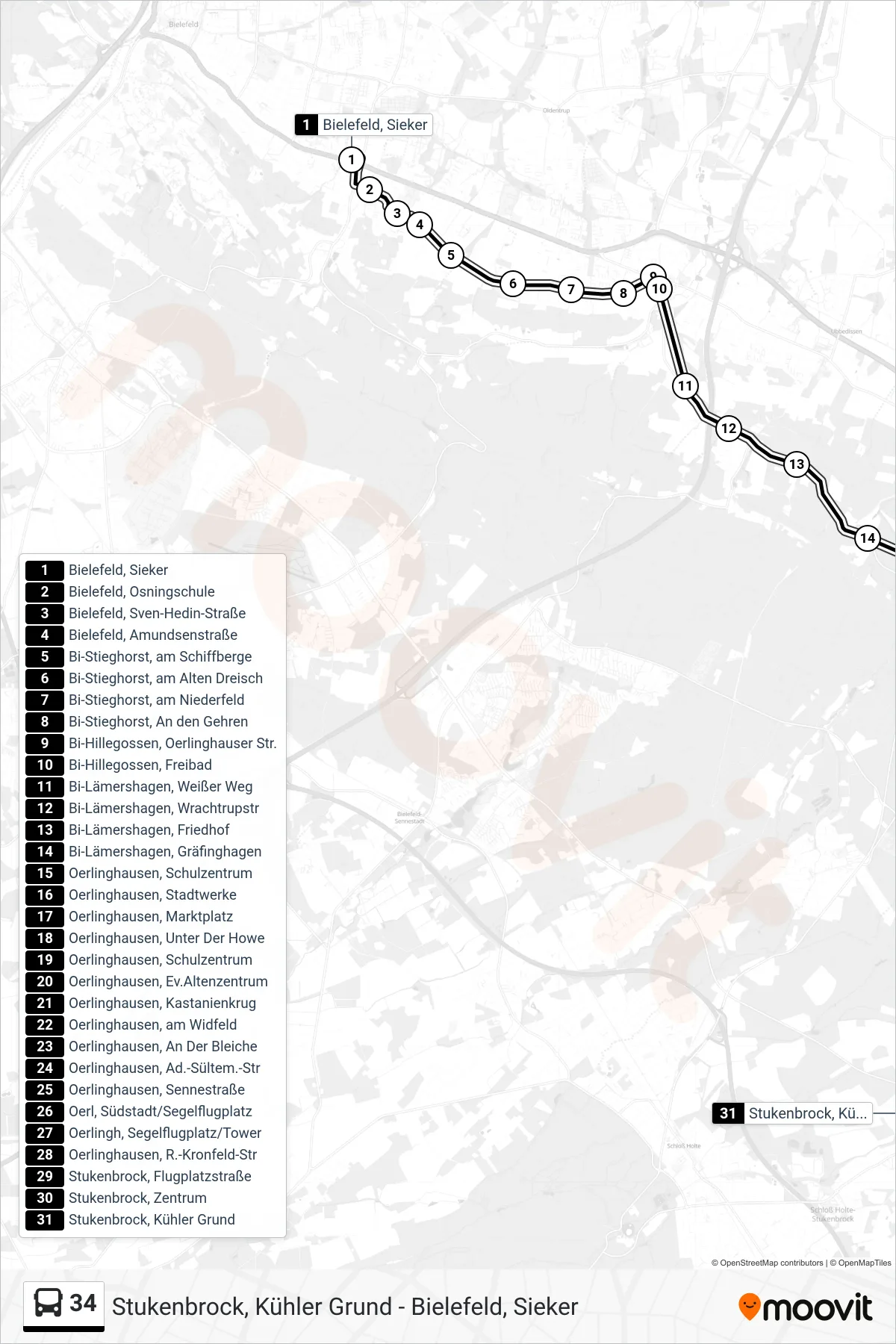 34 bus Line (Stukenbrock, Kühler Grund) route and stops on a map
