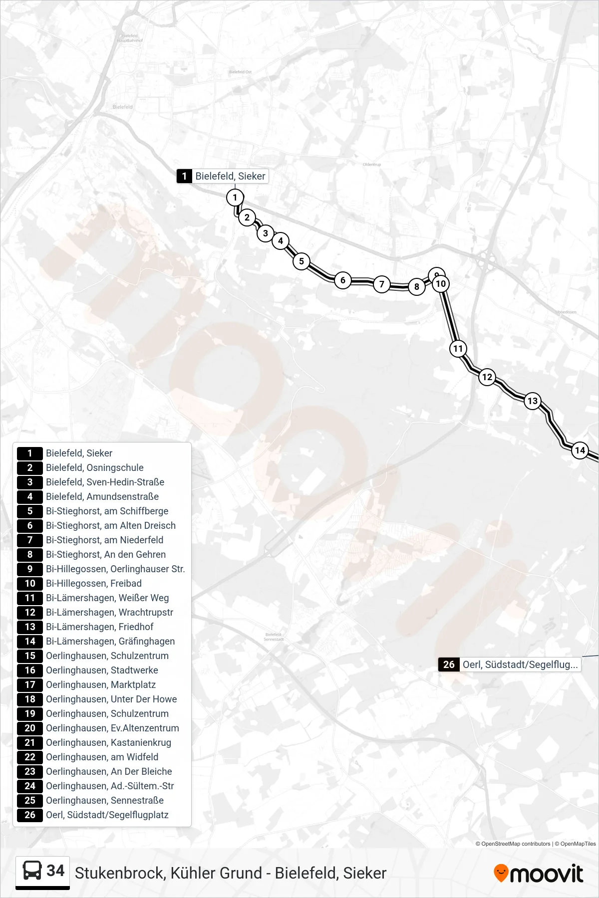 Linie 34 (Bus) Richtung Oerl, Südstadt/Segelflugplatz: Route und Haltestellen auf der Karte