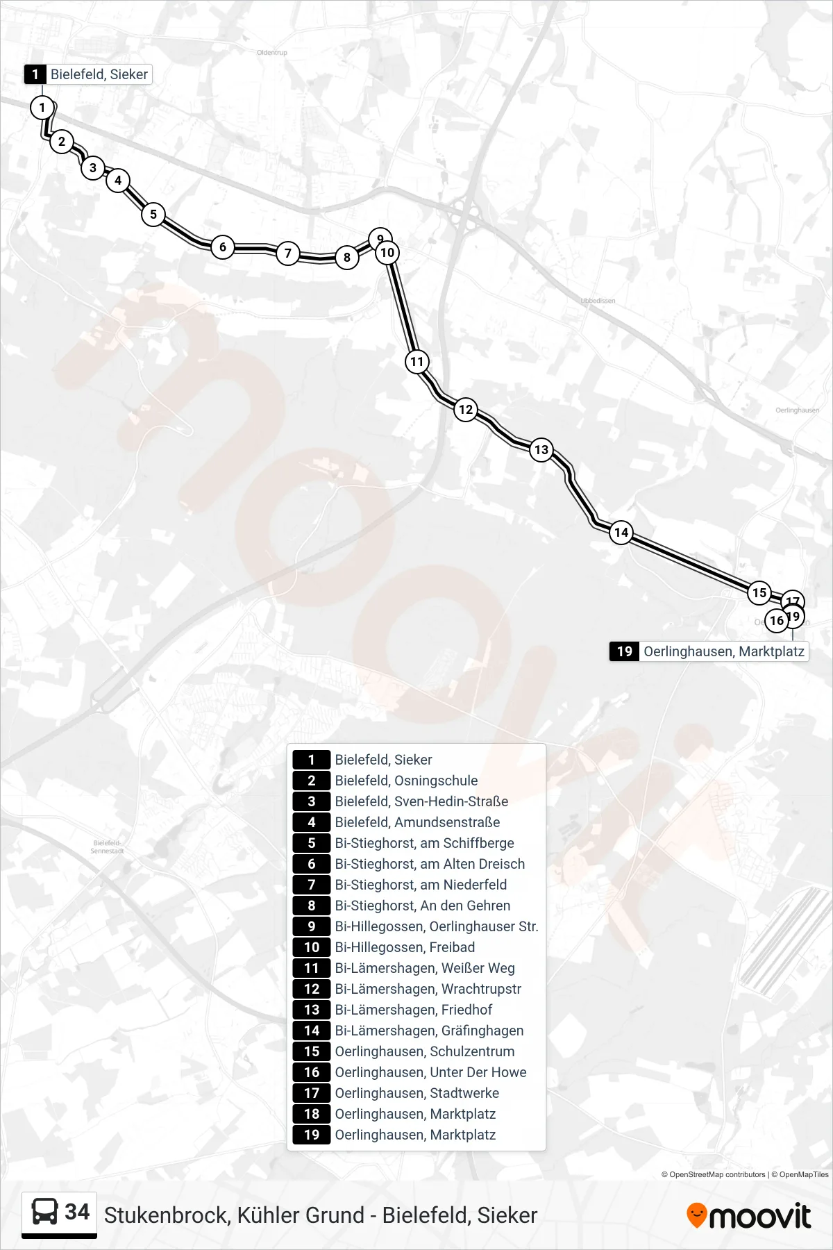 34 bus Line (Oerlinghausen, Marktplatz) route and stops on a map