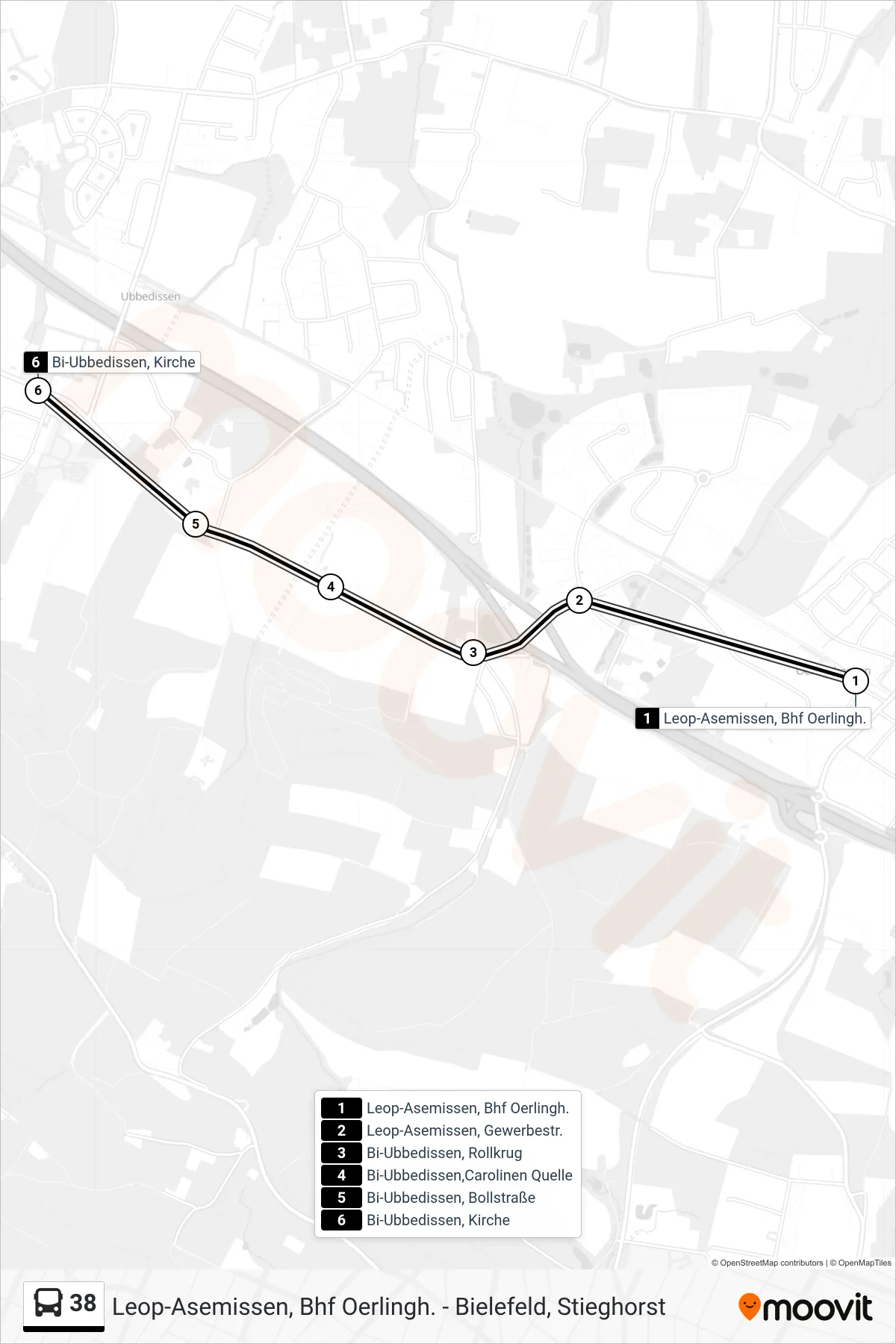 Linie 38 (Bus) Richtung Bi-Ubbedissen, Kirche: Route und Haltestellen auf der Karte