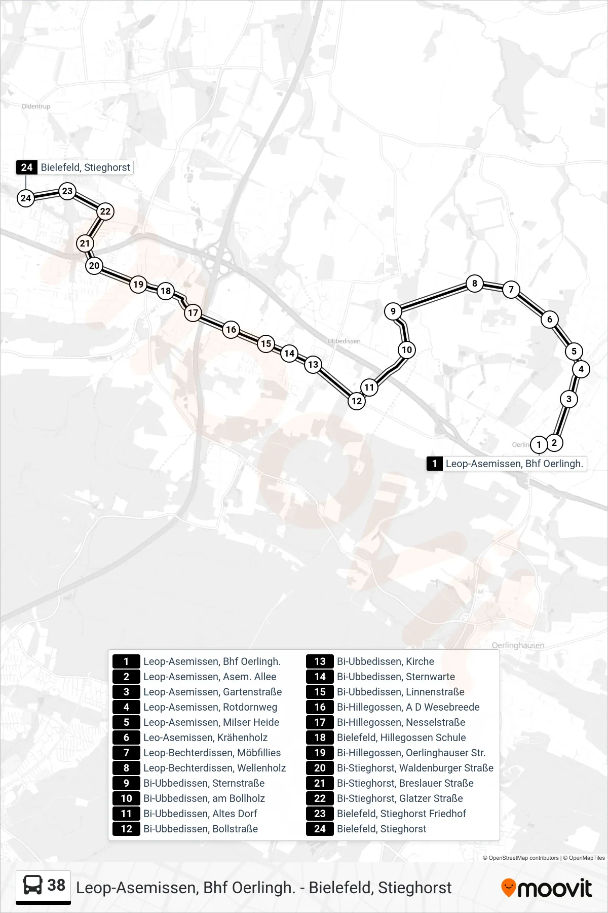 Linie 38 (Bus) Richtung Bielefeld, Stieghorst: Route und Haltestellen auf der Karte