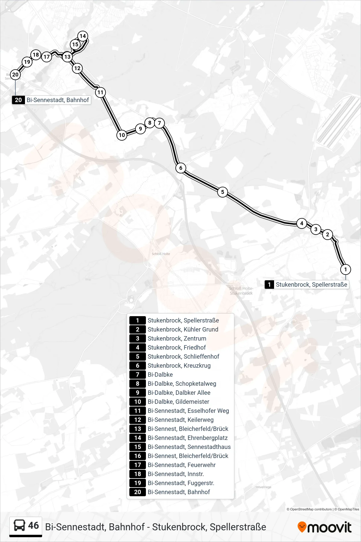 46 bus Line (Bi-Sennestadt, Bahnhof) route and stops on a map