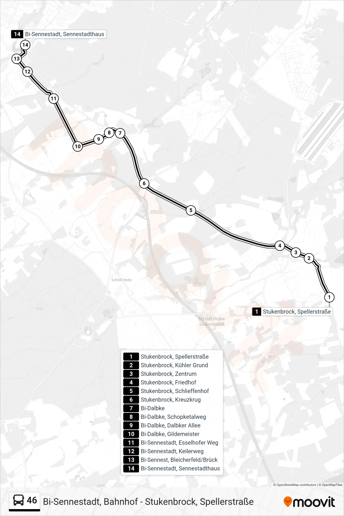 Linie 46 (Bus) Richtung Bi-Sennestadt, Sennestadthaus: Route und Haltestellen auf der Karte