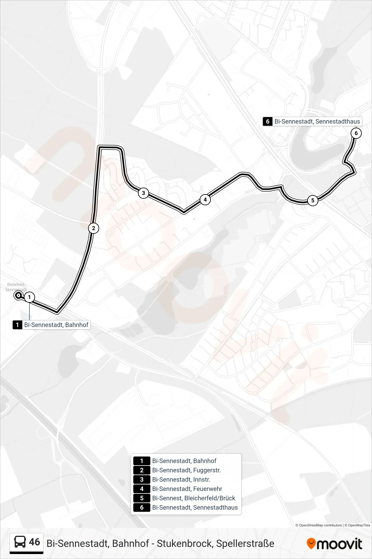 Linie 46 (Bus) Richtung Bi-Sennestadt, Sennestadthaus: Route und Haltestellen auf der Karte