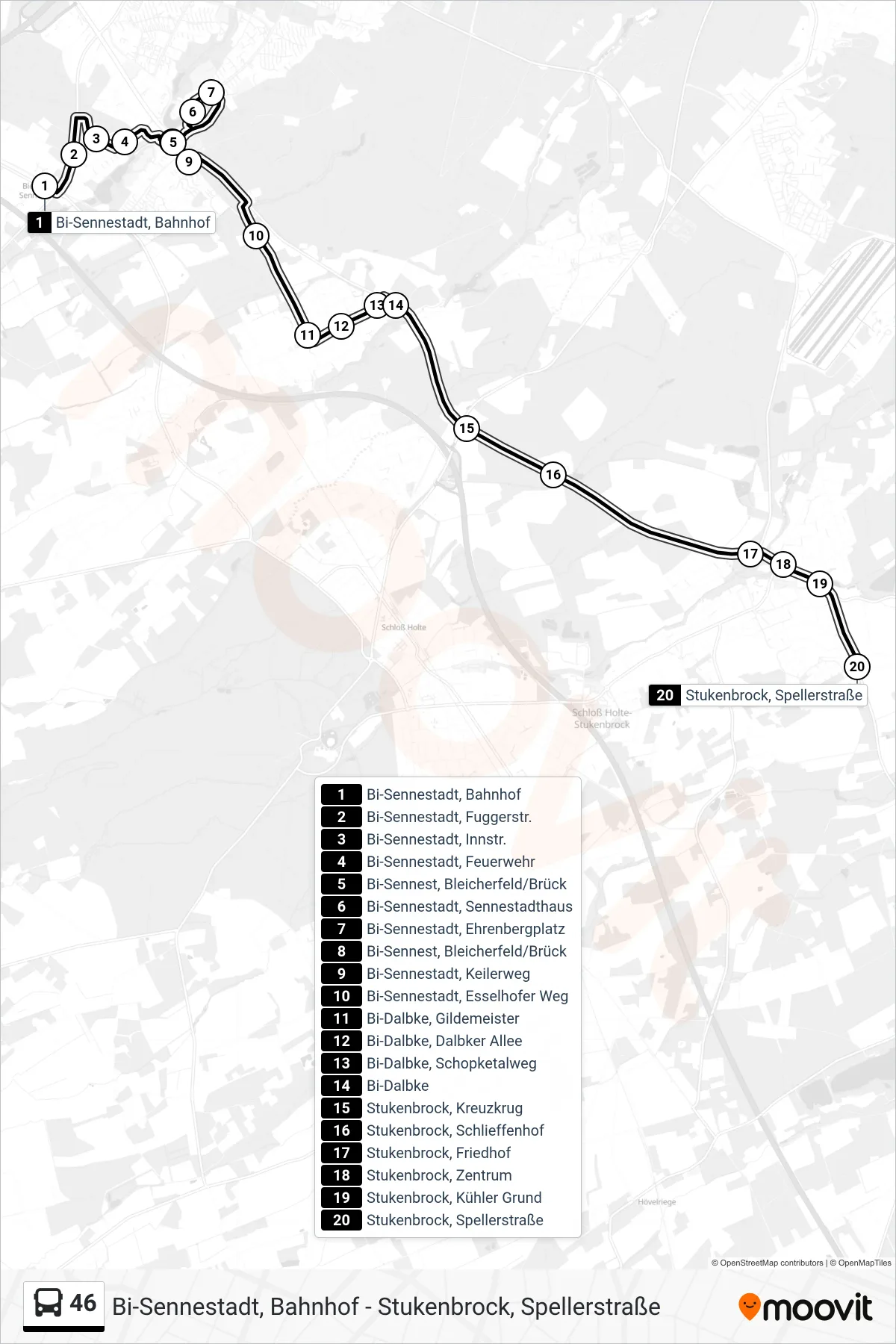 Linie 46 (Bus) Richtung Stukenbrock, Spellerstraße: Route und Haltestellen auf der Karte