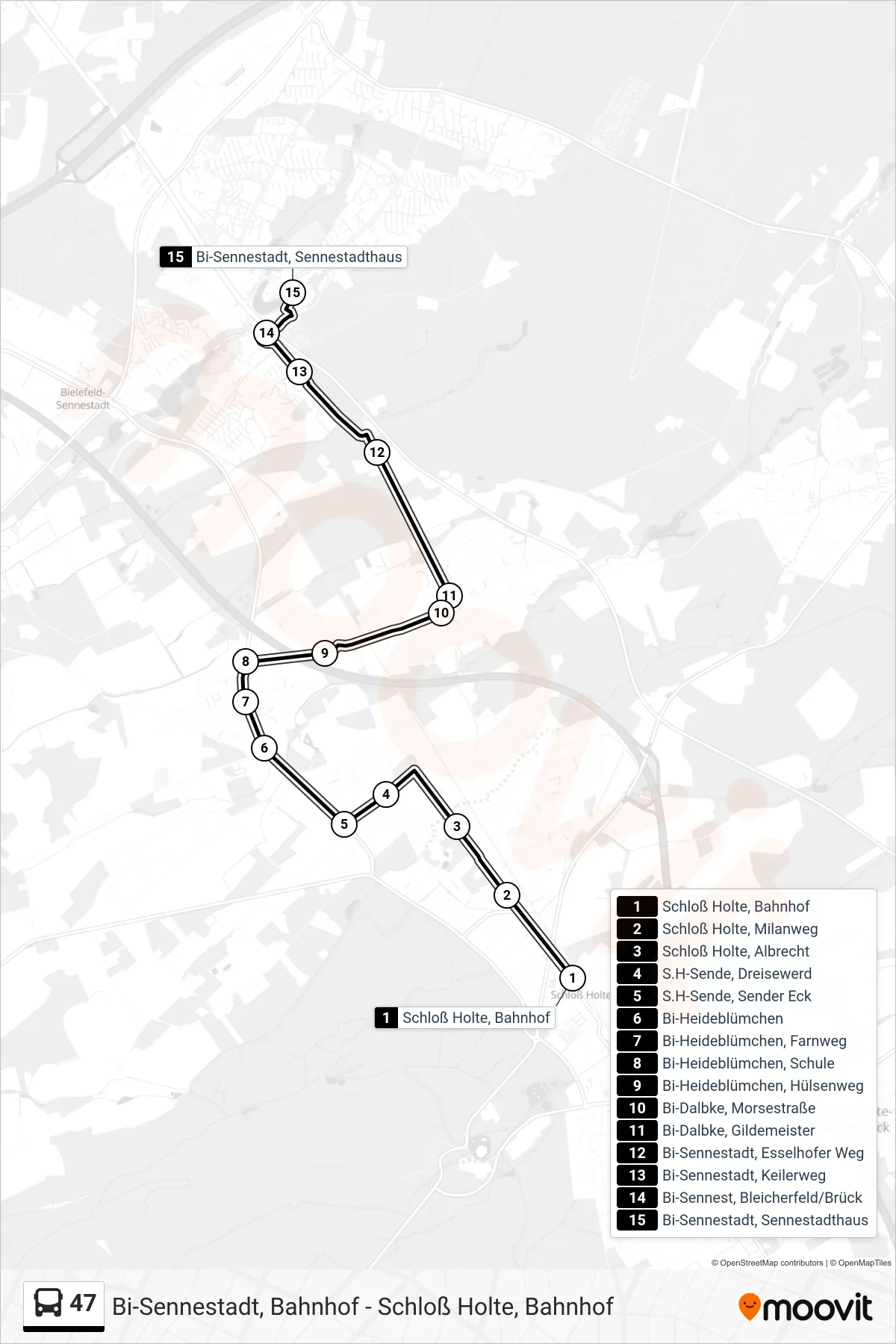 Linie 47 (Bus) Richtung Bi-Sennestadt, Sennestadthaus: Route und Haltestellen auf der Karte