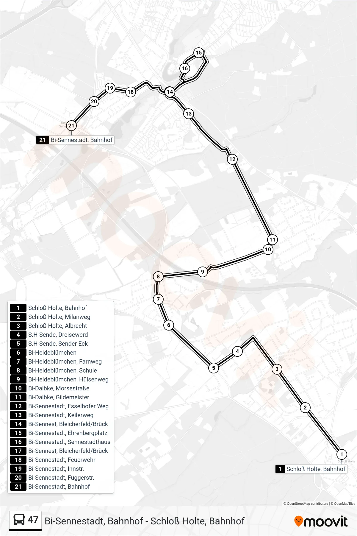 Linie 47 (Bus) Richtung Bi-Sennestadt, Bahnhof: Route und Haltestellen auf der Karte