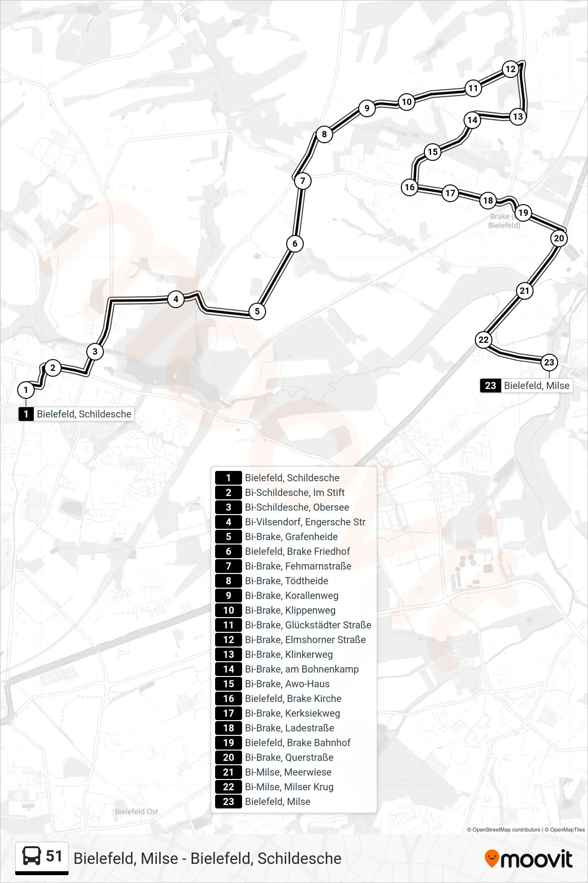 Linie 51 (Bus) Richtung Bielefeld, Milse: Route und Haltestellen auf der Karte