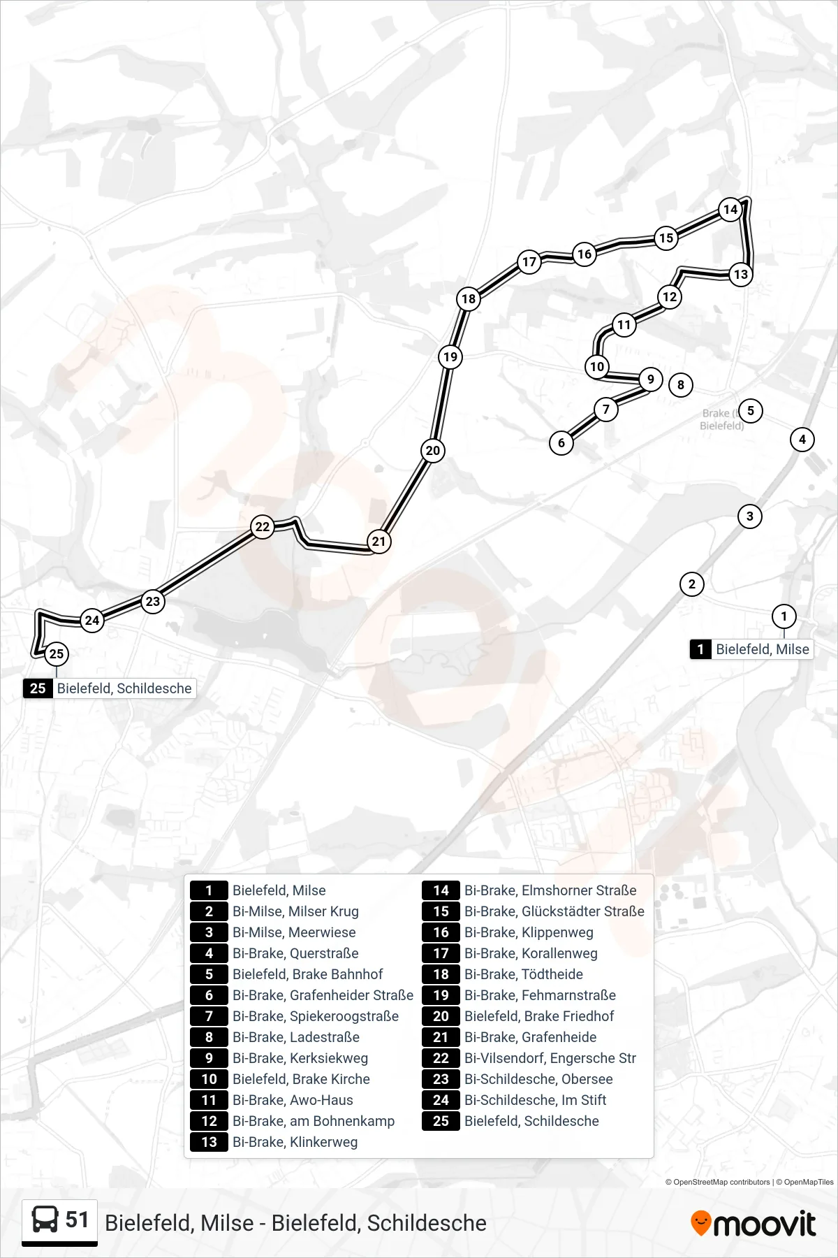 Linie 51 (Bus) Richtung Bielefeld, Schildesche: Route und Haltestellen auf der Karte