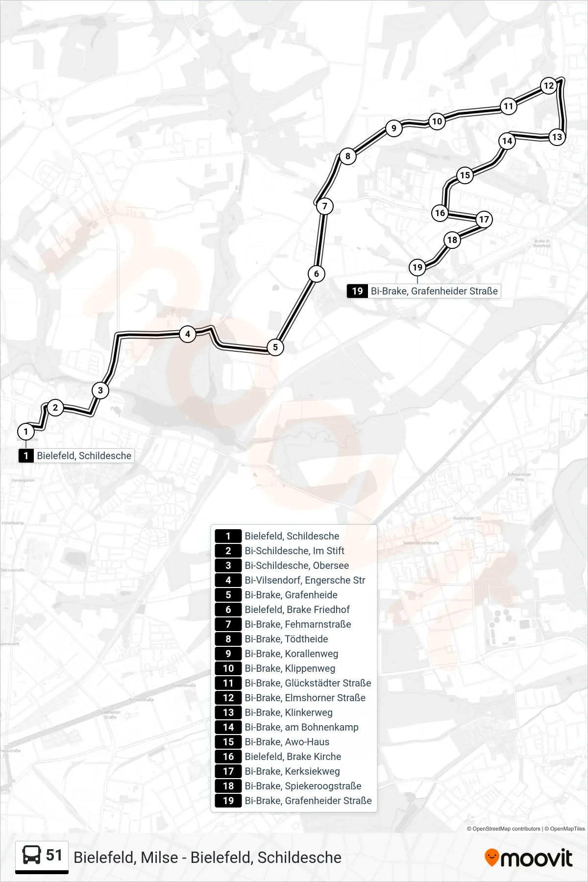 Linie 51 (Bus) Richtung Bi-Brake, Grafenheider Straße: Route und Haltestellen auf der Karte