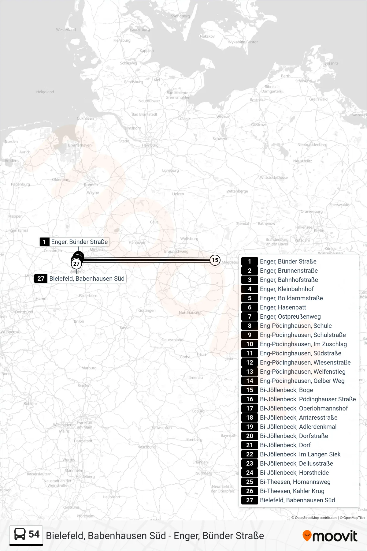 Linie 54 (Bus) Richtung Bielefeld, Babenhausen Süd: Route und Haltestellen auf der Karte
