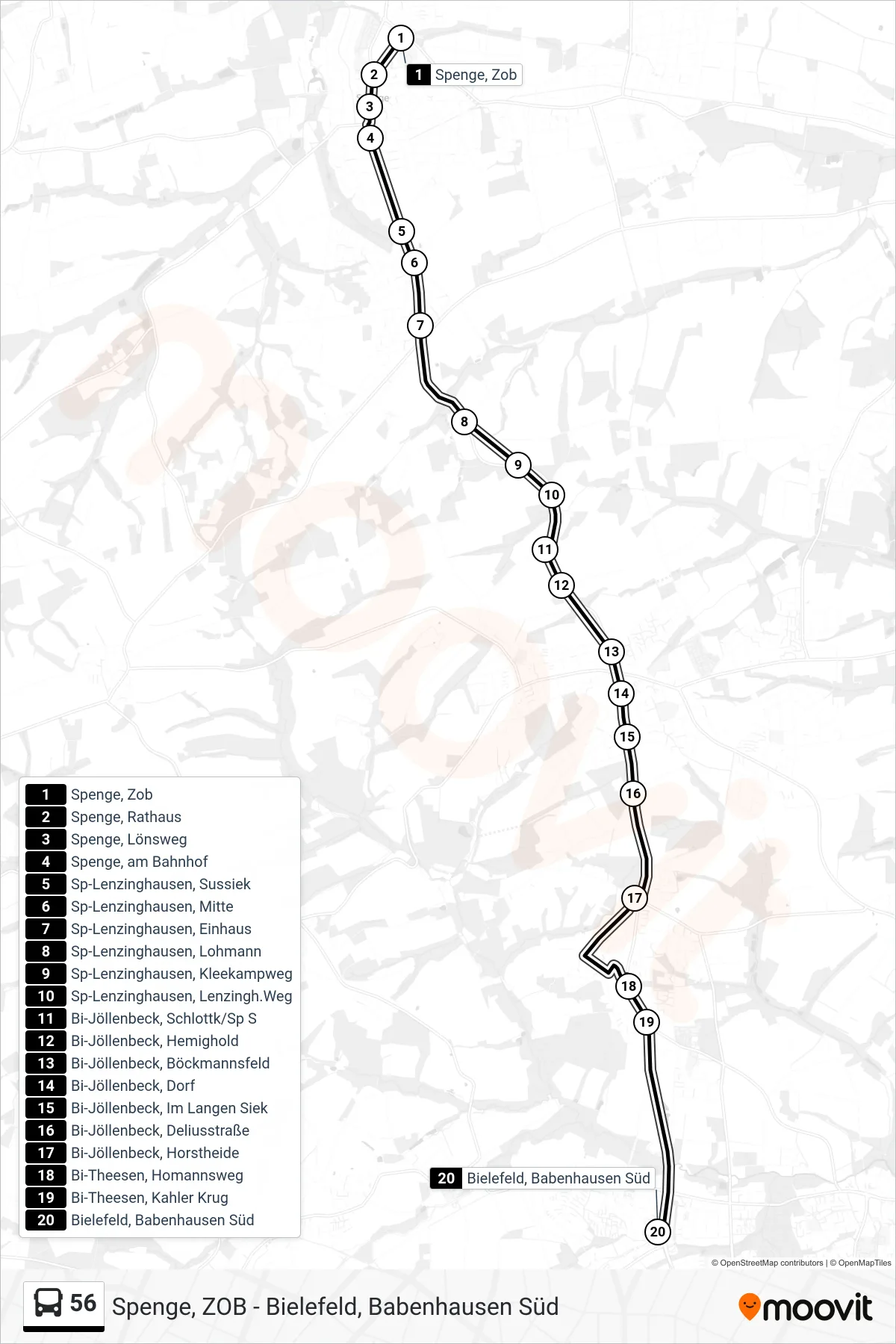 Linie 56 (Bus) Richtung Bielefeld, Babenhausen Süd: Route und Haltestellen auf der Karte
