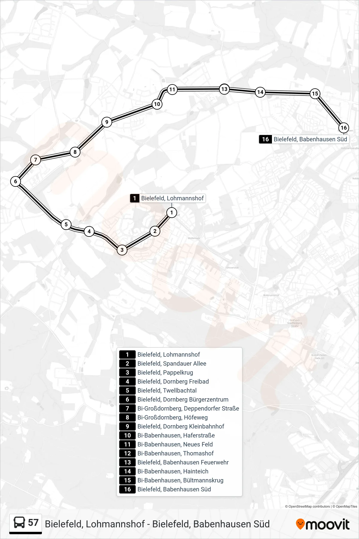 Linie 57 (Bus) Richtung Bielefeld, Babenhausen Süd: Route und Haltestellen auf der Karte