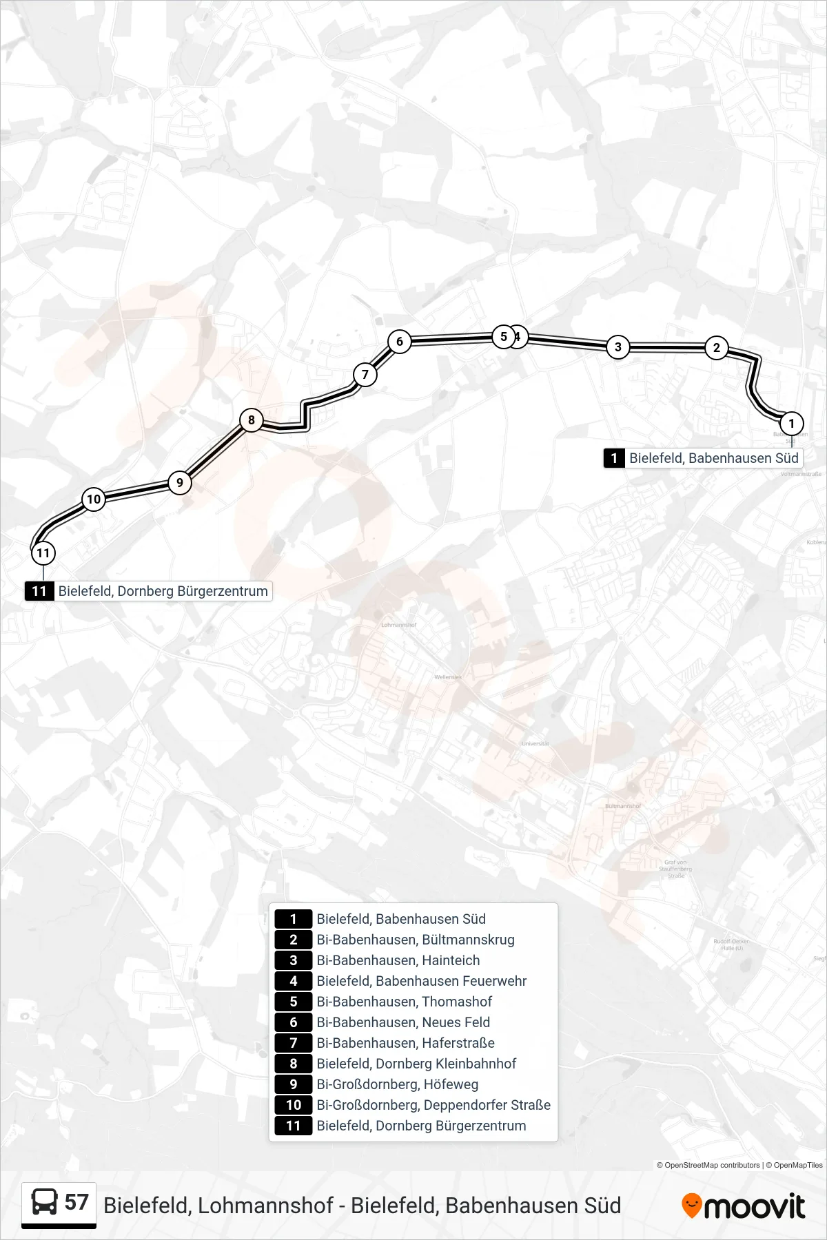 Linie 57 (Bus) Richtung Bielefeld, Dornberg Bürgerzentrum: Route und Haltestellen auf der Karte