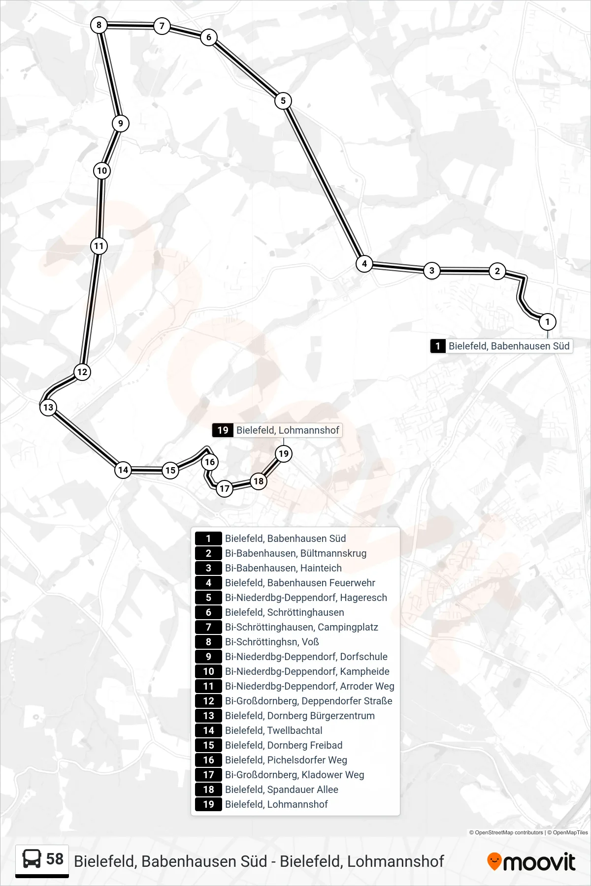 58 bus Line (Bielefeld, Lohmannshof) route and stops on a map