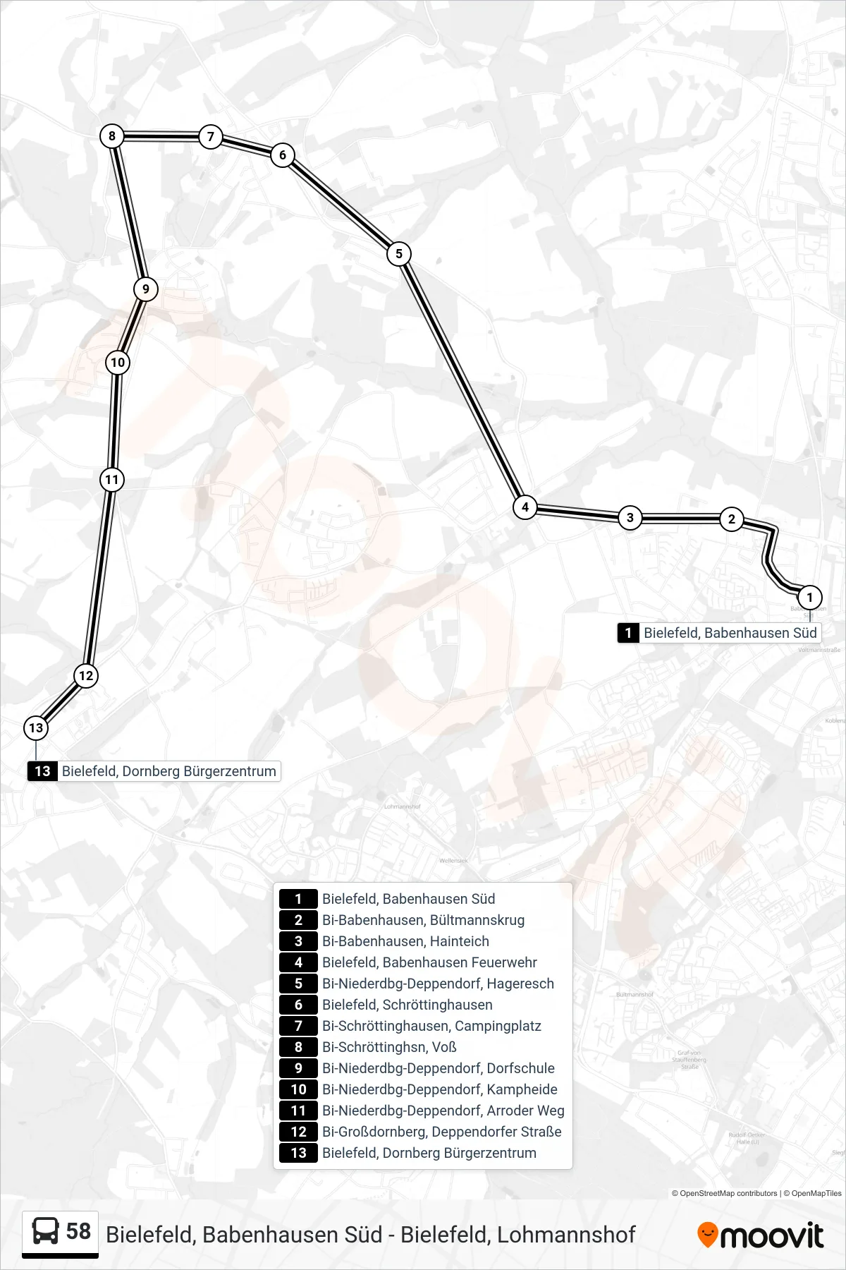 Linie 58 (Bus) Richtung Bielefeld, Dornberg Bürgerzentrum: Route und Haltestellen auf der Karte