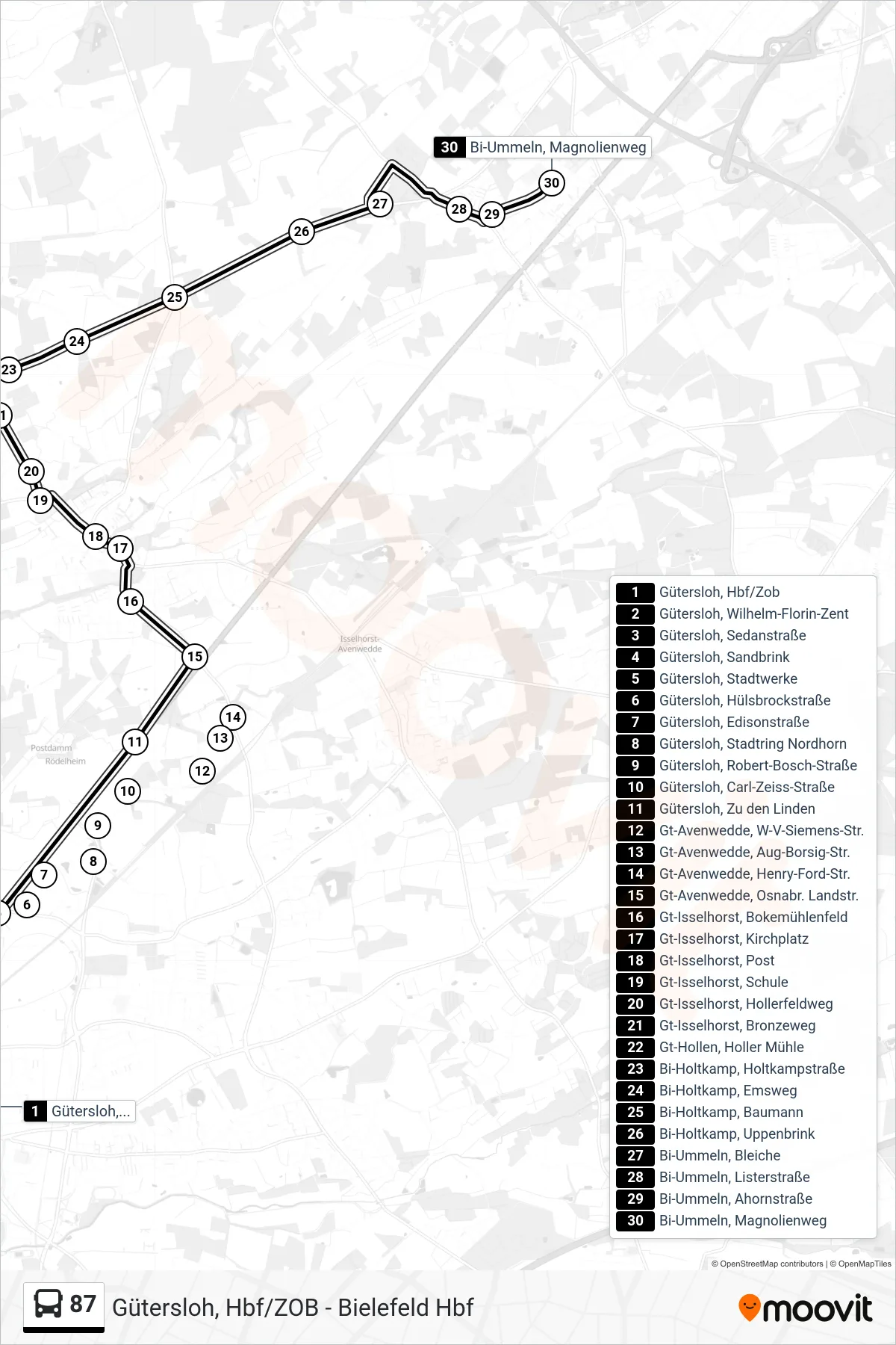 87 bus Line (Bi-Ummeln, Magnolienweg) route and stops on a map